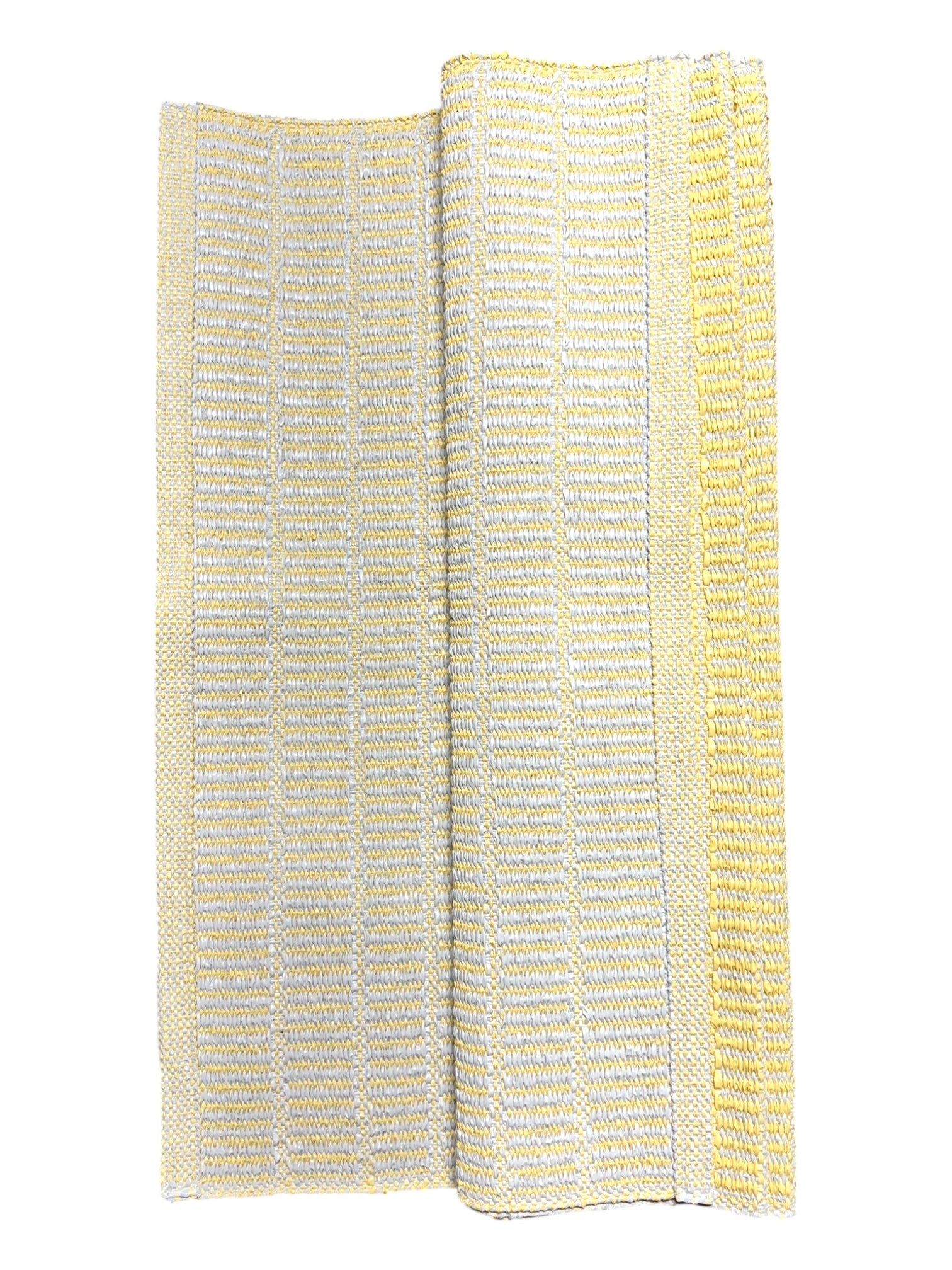 The Vinyl Rug: Horredsmattan - Mai (28 x 60) features a yellow and white checkered woven pattern, partially folded to show its texture—crafted from eco-friendly Swedish vinyl for style and sustainability.