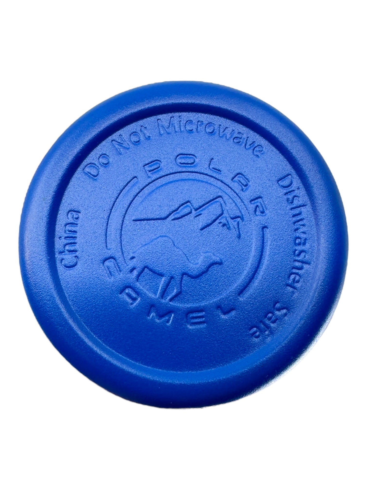 Blue slide-close lid for the Swedish Dala Horses Blue 20oz Stainless Steel Tumbler features embossed Do Not Microwave, Dishwasher Safe, and China text around the edge.