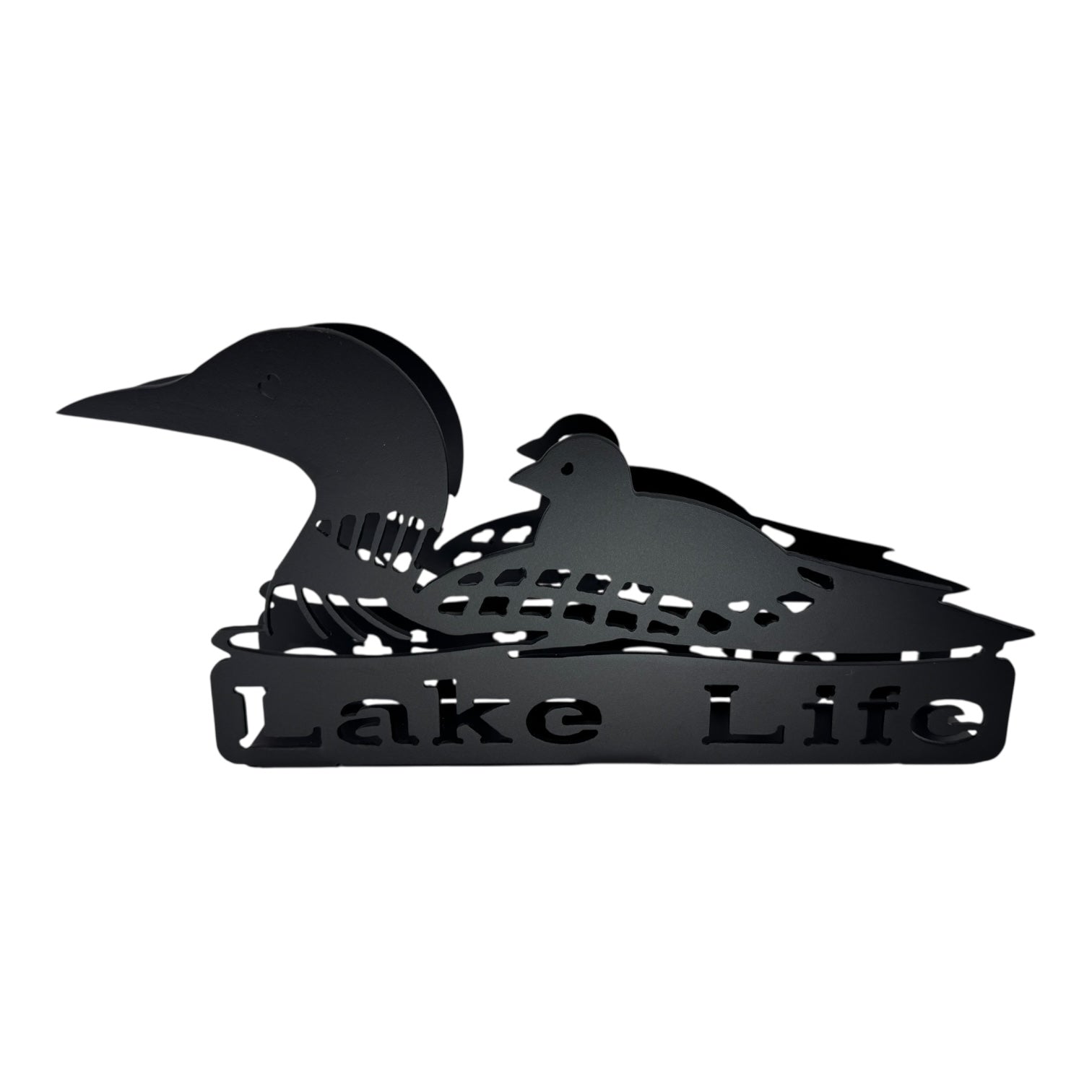 The Lake Life Loon Black Metal Napkin Holder features a mama and baby loon silhouette with Lake Life cut out—ideal for adding rustic cabin décor to your table.