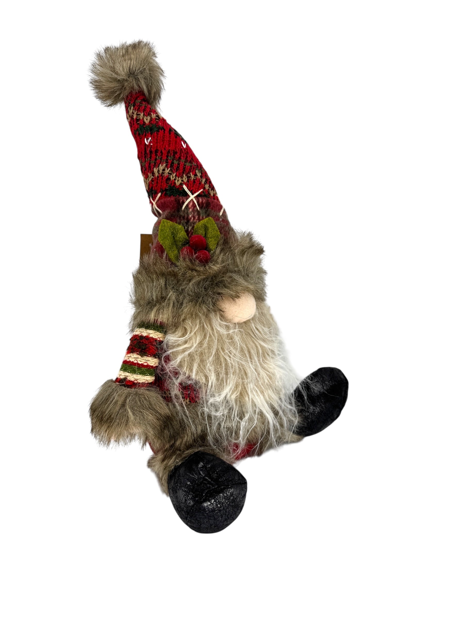 The Sitting Santa Gnome – Weighted Holiday Table Decoration (13 Tall) features a long white beard, red patterned hat with pom-pom, striped sleeves, and black shoes—ideal as a Nordic Christmas accent or festive table decor.