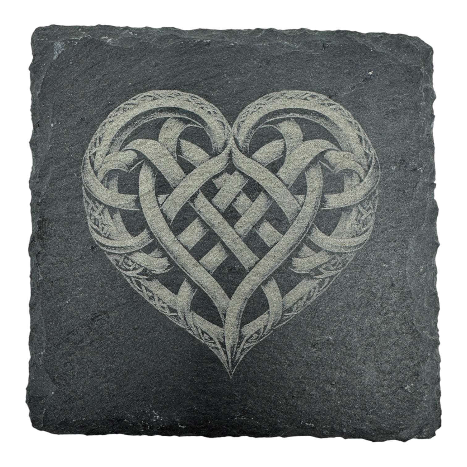 The Coaster: Woven Heart - Celtic Viking Symbol Slate Coaster showcases an intricate Celtic knot heart design on dark slate, blending Nordic style with elegant Celtic inspiration.