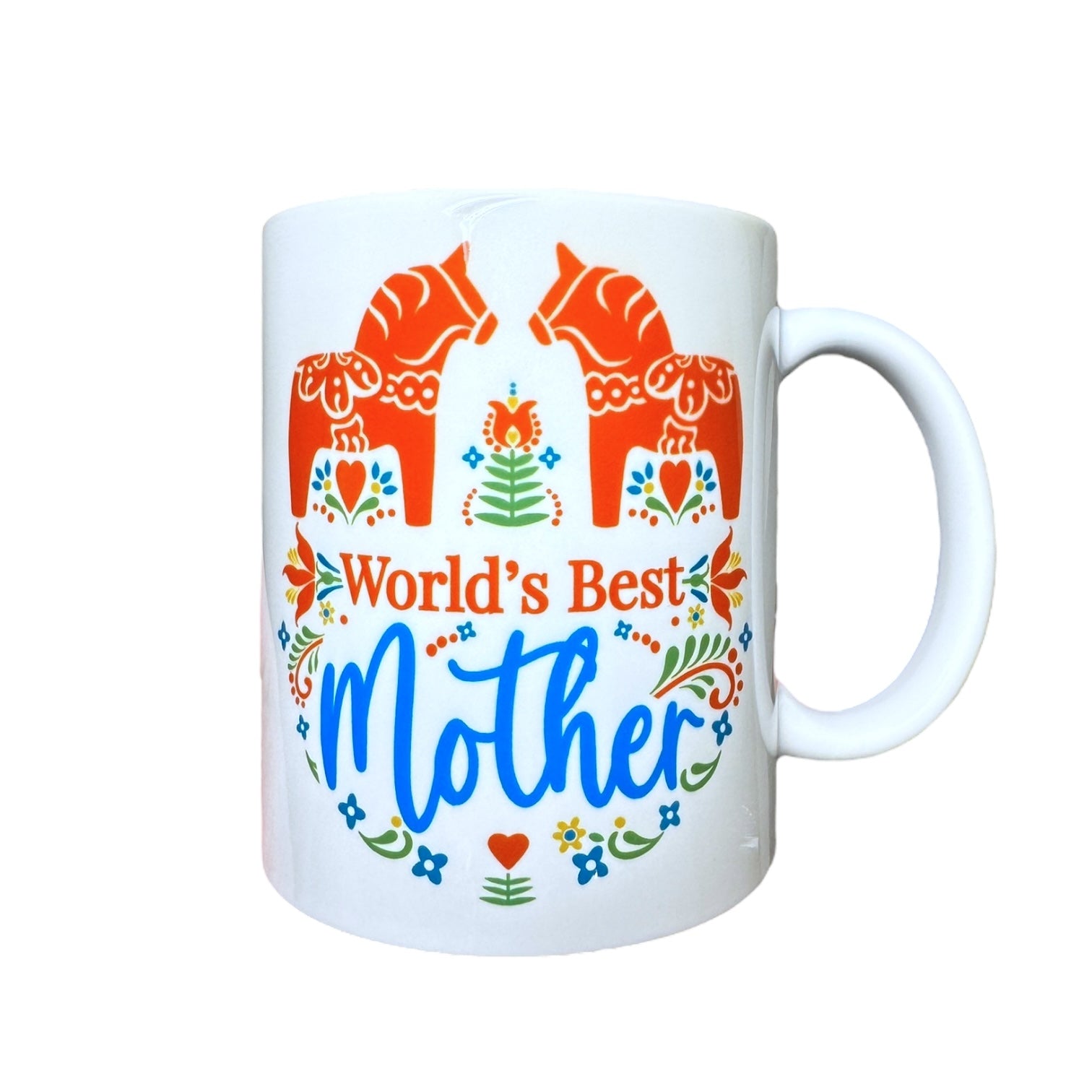An 11 oz white ceramic mug featuring Swedish Dala horses and floral accents in a Nordic Scandinavian design, with “World’s Best Mother” text—perfect Mothers Day coffee cup for Mom.