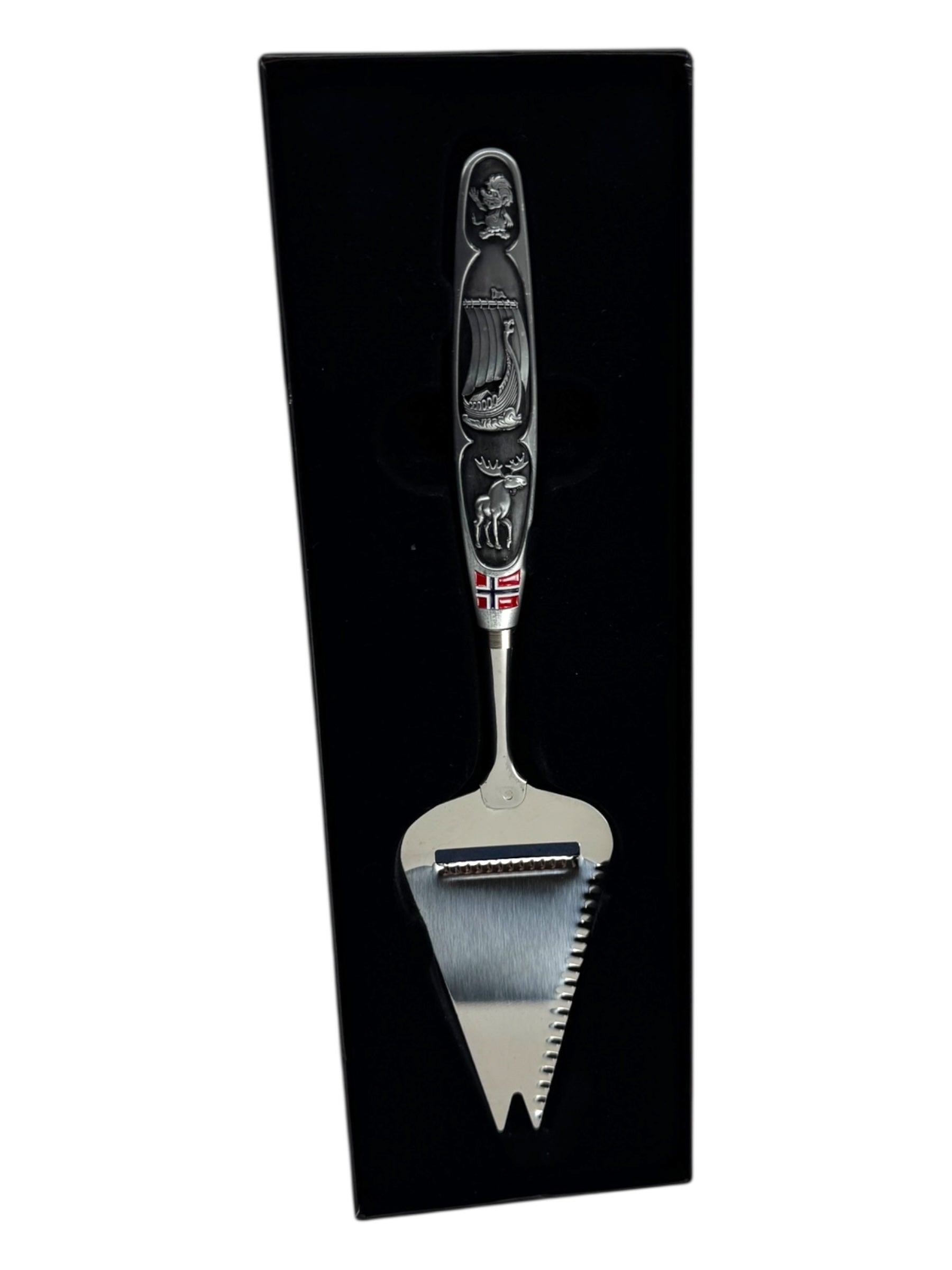 The Jagged Norwegian Cheese Slicer & Cutter features a pewter handle with images of a Viking ship and moose, celebrating Scandinavian heritage, and comes displayed in a black gift box.