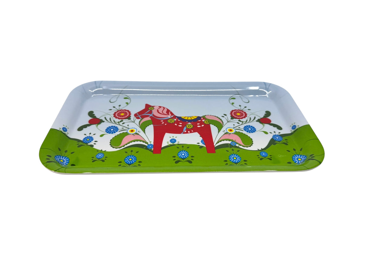 Tray: Swedish Dala Horse – Novelty melamine tray with a red Dala Horse motif on a green and white background, accented by vibrant floral patterns for a charming Scandinavian touch.