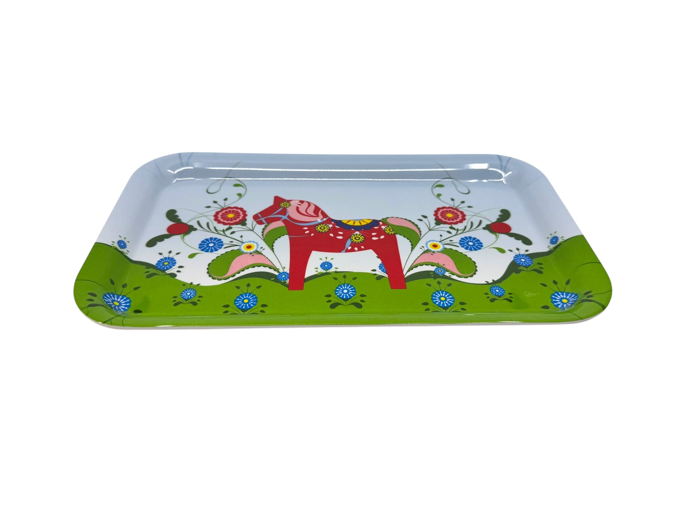 Tray: Swedish Dala Horse – Novelty melamine tray with a red Dala Horse motif on a green and white background, accented by vibrant floral patterns for a charming Scandinavian touch.