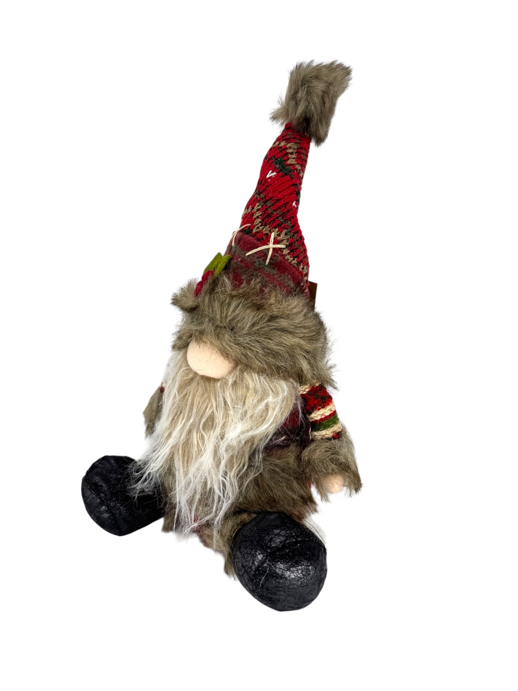 The Gnome: Sitting Santa Gnome – Weighted Holiday Table Decoration (13 Tall) features a long white beard, red patterned hat, brown fuzzy body, and black shoes—a charming Nordic accent for your Christmas table.