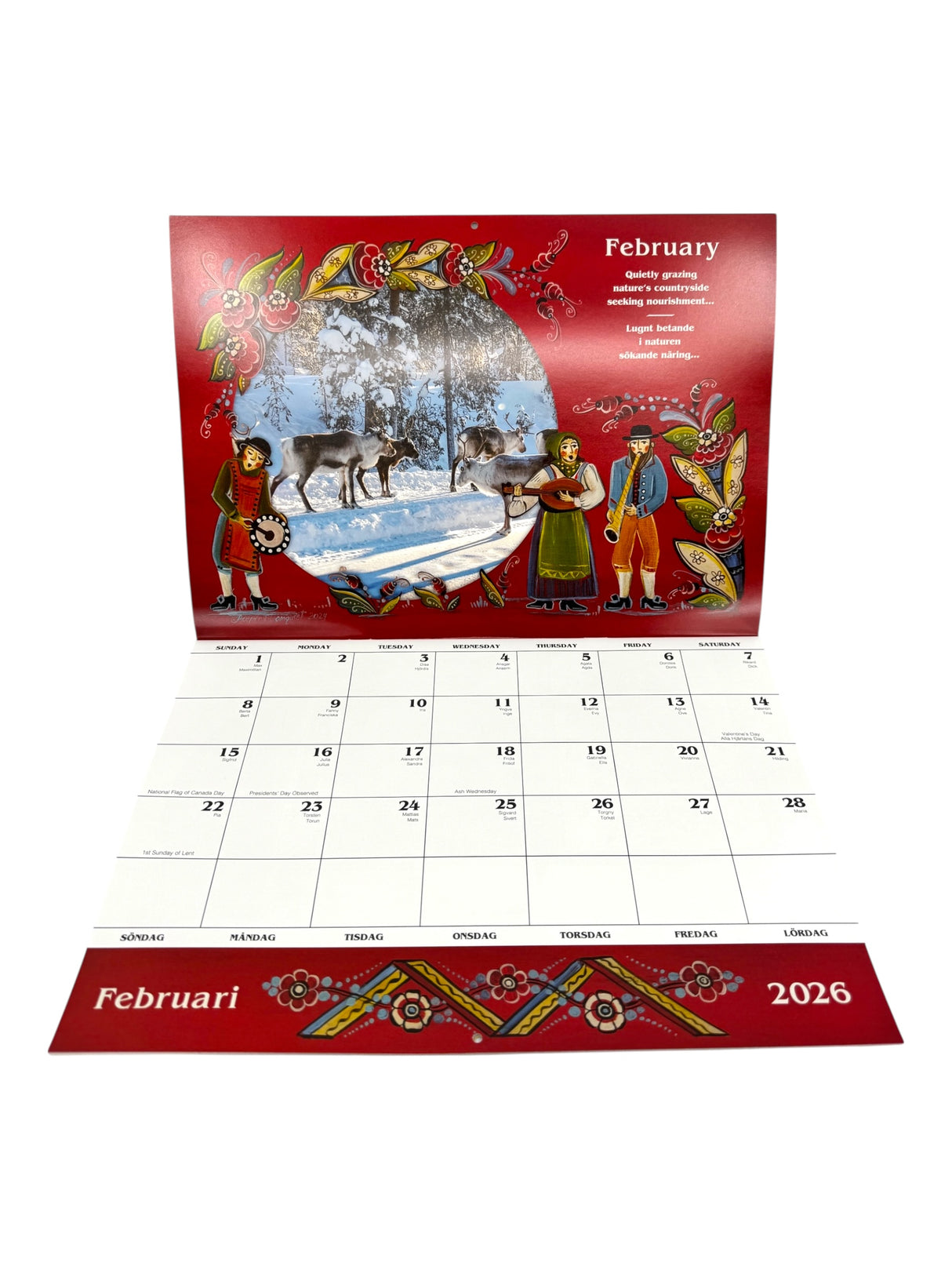 The "Calendar: Sweden 2026 Wall Calendar – Visions & Verse of a Land and Its People" features a February page with red borders and Sámi-inspired art depicting Sámi people with reindeer in a snowy landscape—ideal for fans of Swedish culture.
