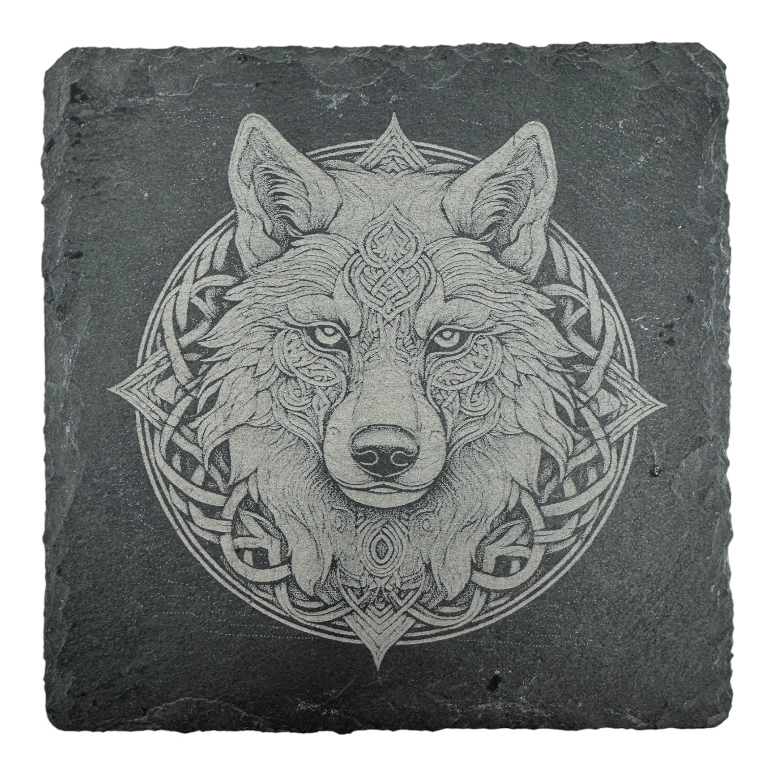 The Coaster: Fenrir, Wolfs Head - Celtic Viking Symbol Slate Coaster features intricate line art of a wolf’s head with Celtic knots, etched onto dark slate for an elegant, meaningful touch inspired by Nordic and Celtic designs.