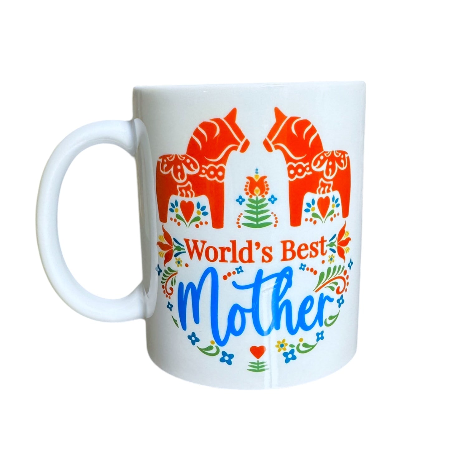 11 oz white ceramic mug featuring Swedish Dala horses and Nordic Scandinavian floral designs, with World’s Best Mother in blue and orange letters. Perfect Mothers Day coffee cup for Mom.