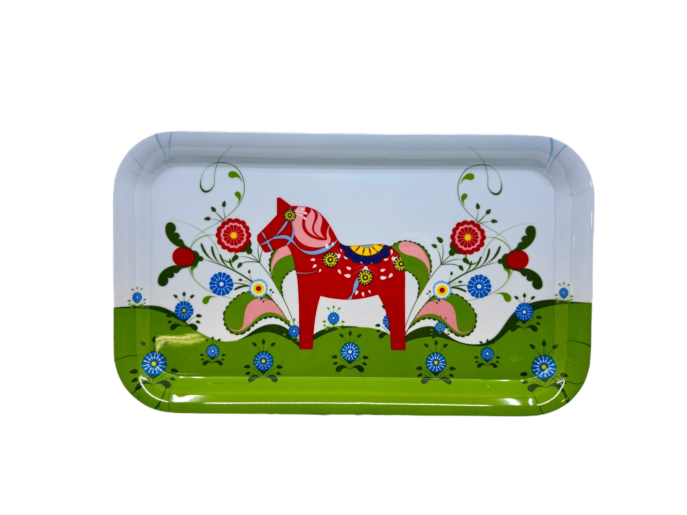 Add Scandinavian charm to your decor with this novelty melamine tray featuring a red Swedish Dala Horse motif, set on a white and green floral background. Perfect for serving or display.