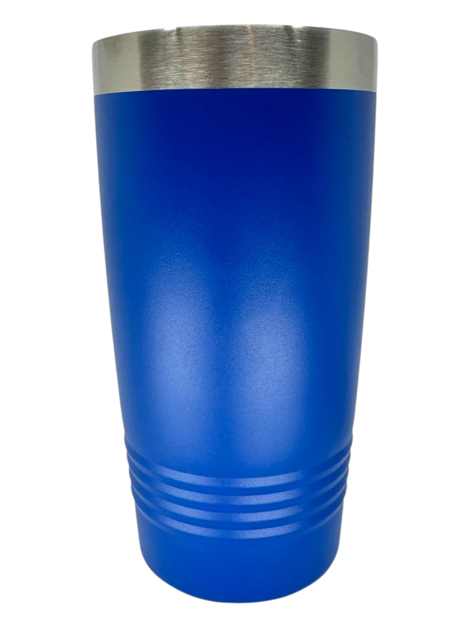The Swedish Dala Horses Blue 20oz Stainless Steel Tumbler, featuring a silver rim and textured grooves, stands upright against a white background, displaying Nordic Artistry inspired by classic Swedish motifs.