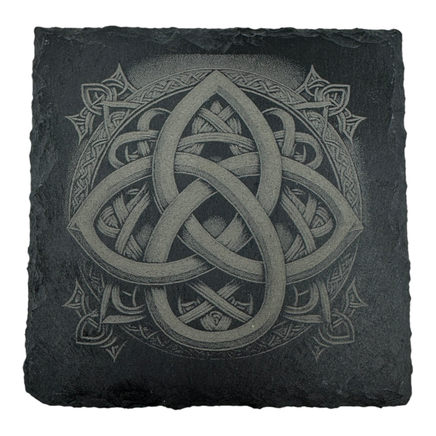 The Coaster: Triquetra - Rounded Celtic Viking Symbol Slate Coaster features an engraved Celtic knot with interwoven loops and circular patterns, inspired by Norse heritage on a dark slate background.