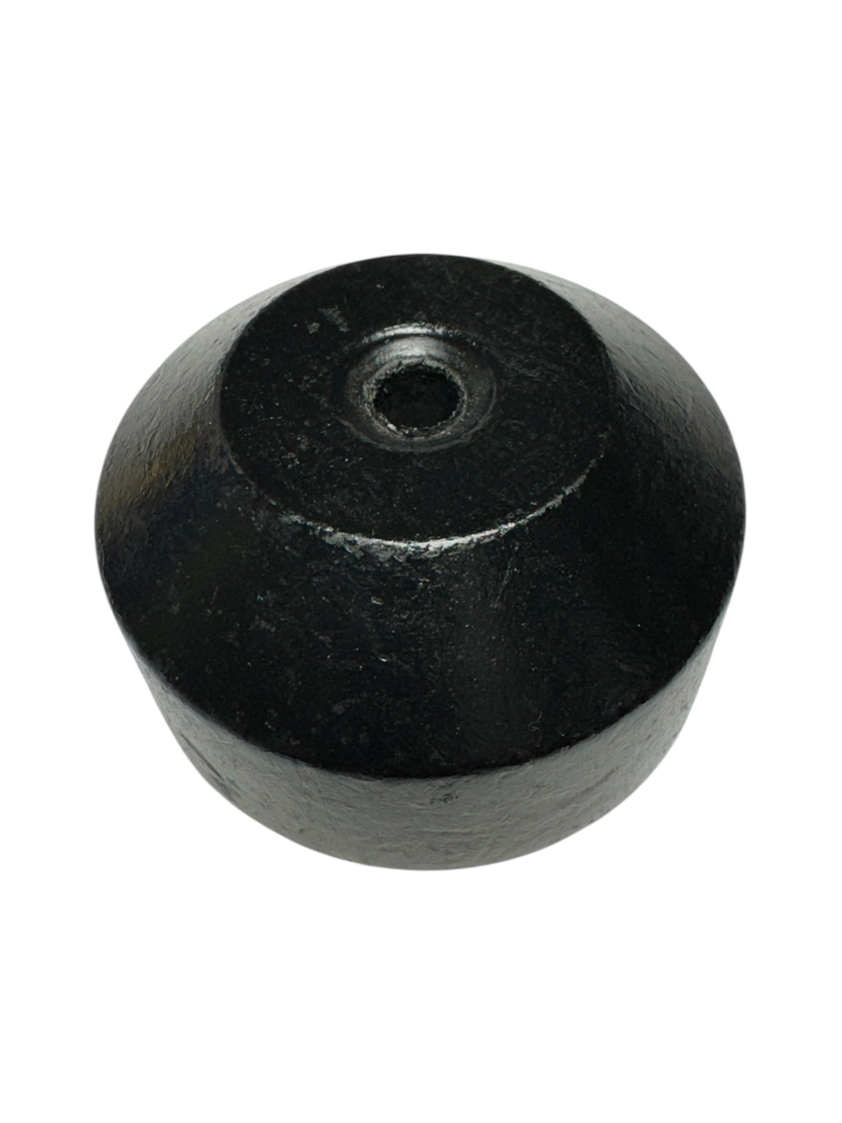The Flag Pole: Wood Base for Small Stick Flags features a black, round, dome-shaped metal top with a central hole and an ebonized wood base, perfect for displaying high-quality stick flags.