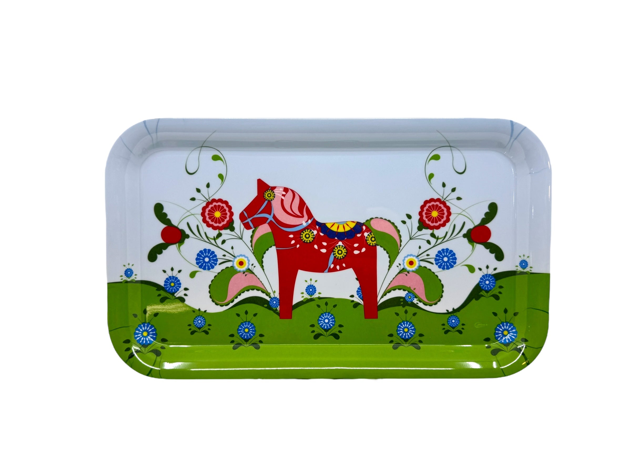 Add Scandinavian charm to any setting with this novelty melamine tray featuring a red Swedish Dala Horse motif—ideal serveware for fans of Nordic design.
