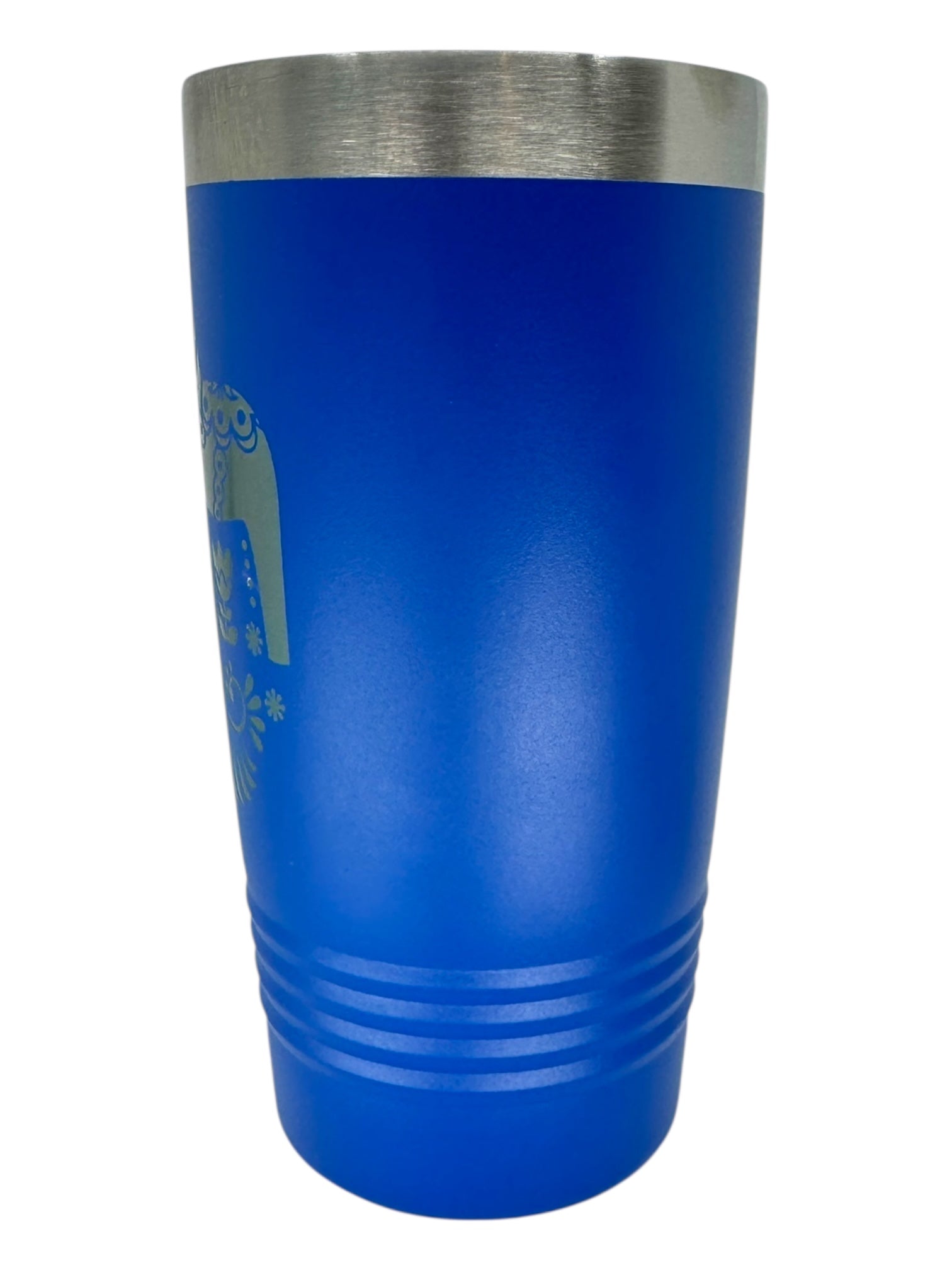 The 20oz blue stainless steel tumbler, Swedish Dala Horses, features a slide-close lid, silver rim, ridged base, and subtle Nordic-inspired Dala Horse motifs, displayed on a white background.