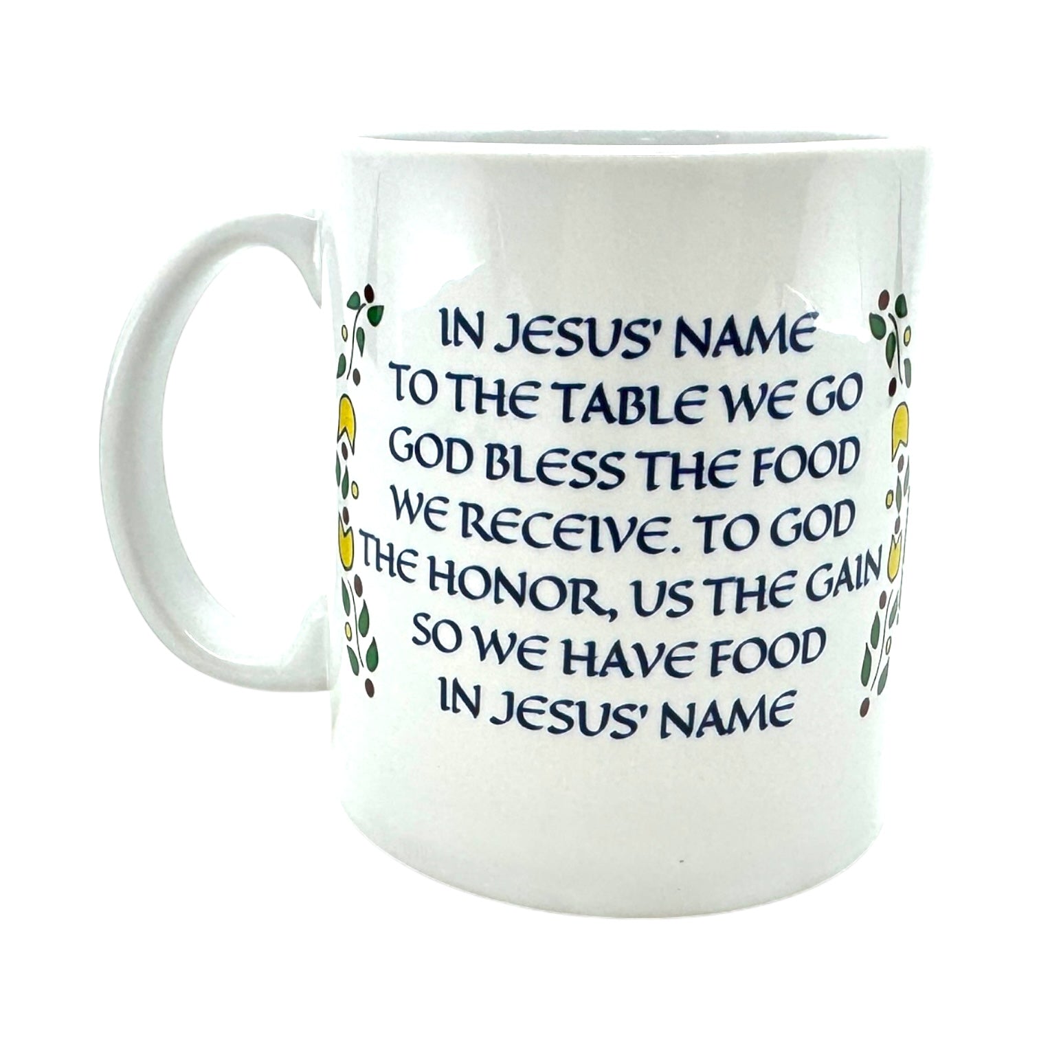 White 11 oz ceramic mug featuring the Swedish Table Prayer in both Swedish and English, with dark blue all-caps text and delicate Swedish floral accents.