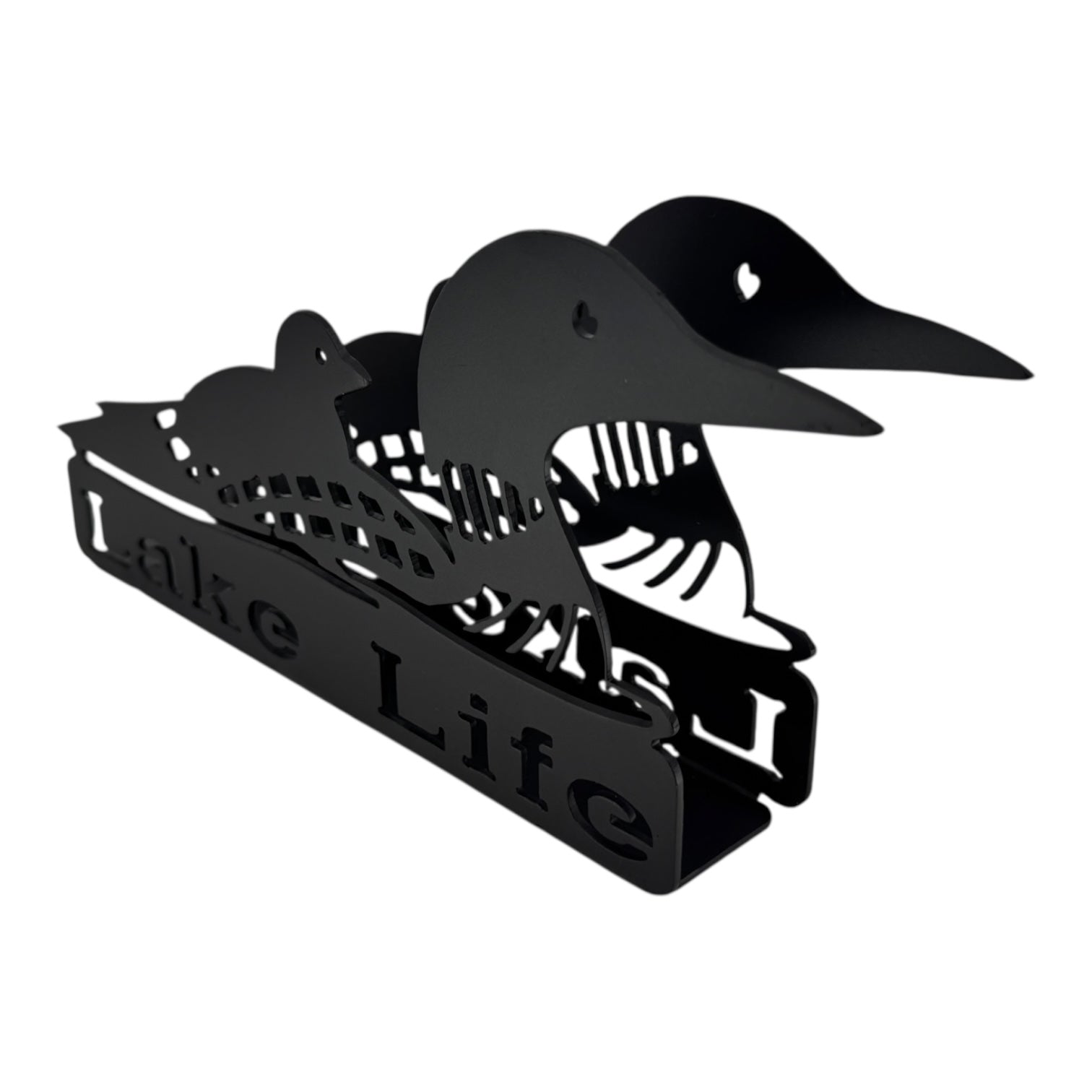 The Lake Life Loon Black Metal Napkin Holder features mama and baby loon cutouts and Lake Life on the base—an ideal accent for your cabin décor.