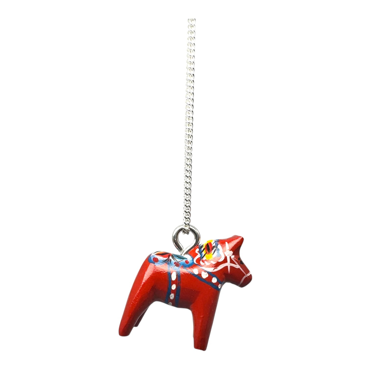 The Necklace: Red Dala Horse Necklace – Handcrafted Pendant with Sterling Silver Chain has a 2cm hand-painted wooden Dala horse charm on a 19 sterling silver chain, inspired by Swedish folk art.