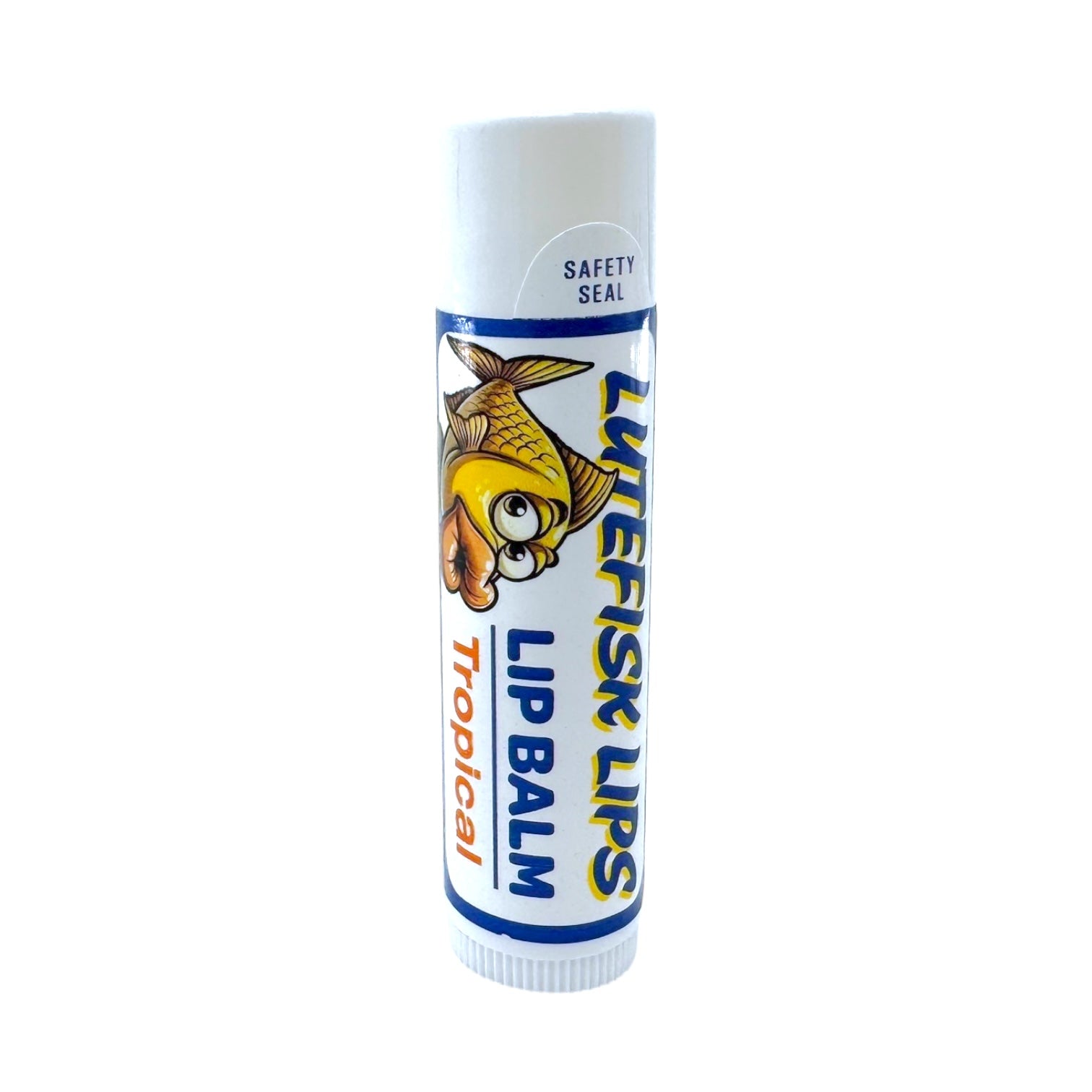 A tube of Lutefisk Lips Tropical Lip Balm, featuring a cartoon fish graphic and safety seal label, offers SPF 15 sun protection for chapped lips. Also available in Cherry, Mint, or Unflavored.