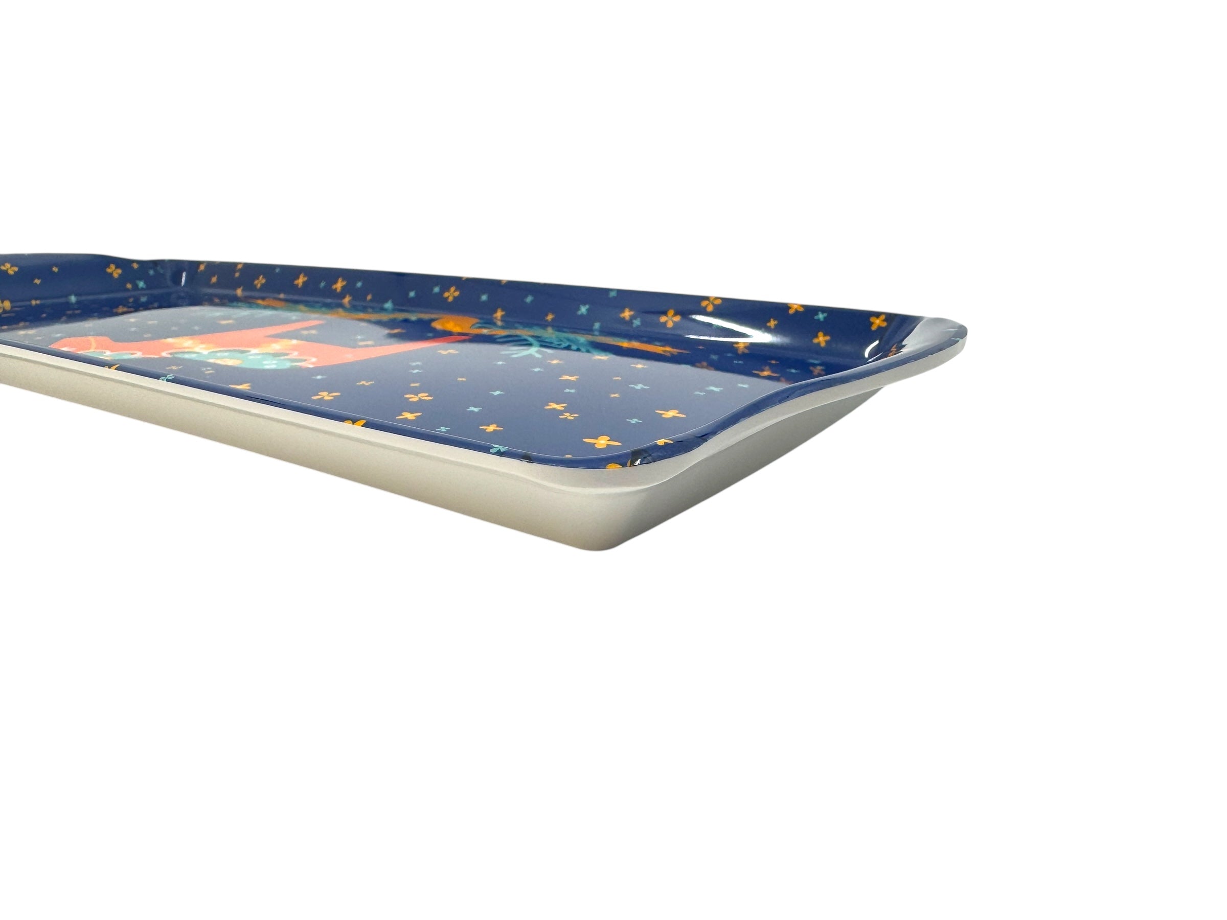 The Tray: Swedish Novelty Melamine Tray – Dala Horse Motif features a rectangular shape, blue interior with yellow crosses, and a Dala Horse design, viewed from the side on a white background for Scandinavian charm.