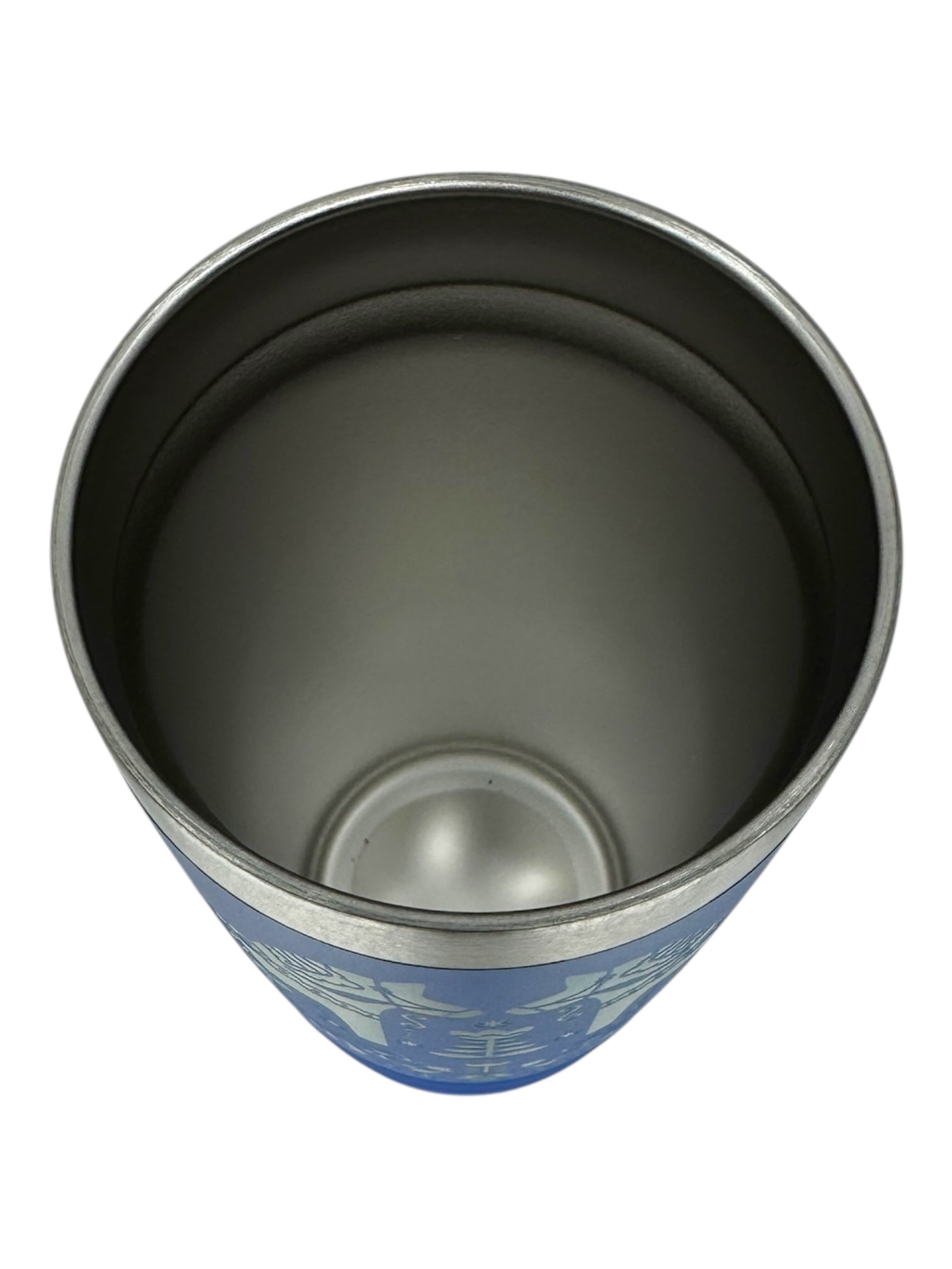 A top-down view of the Swedish Dala Horses - Blue 20oz Stainless Steel Tumbler with slide-close lid, featuring Nordic artistry, shown empty against a white background.