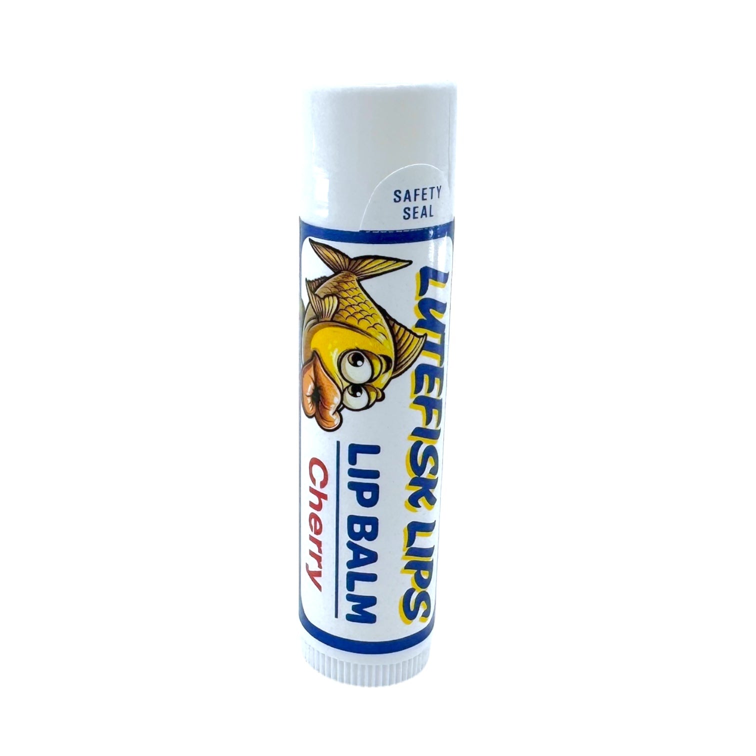 A tube of Lutefisk Lips Cherry Lip Balm with a cartoon fish, safety seal, and SPF 15 protection—ideal for soothing chapped lips. Available in Cherry, Tropical, Mint, or Unflavored.