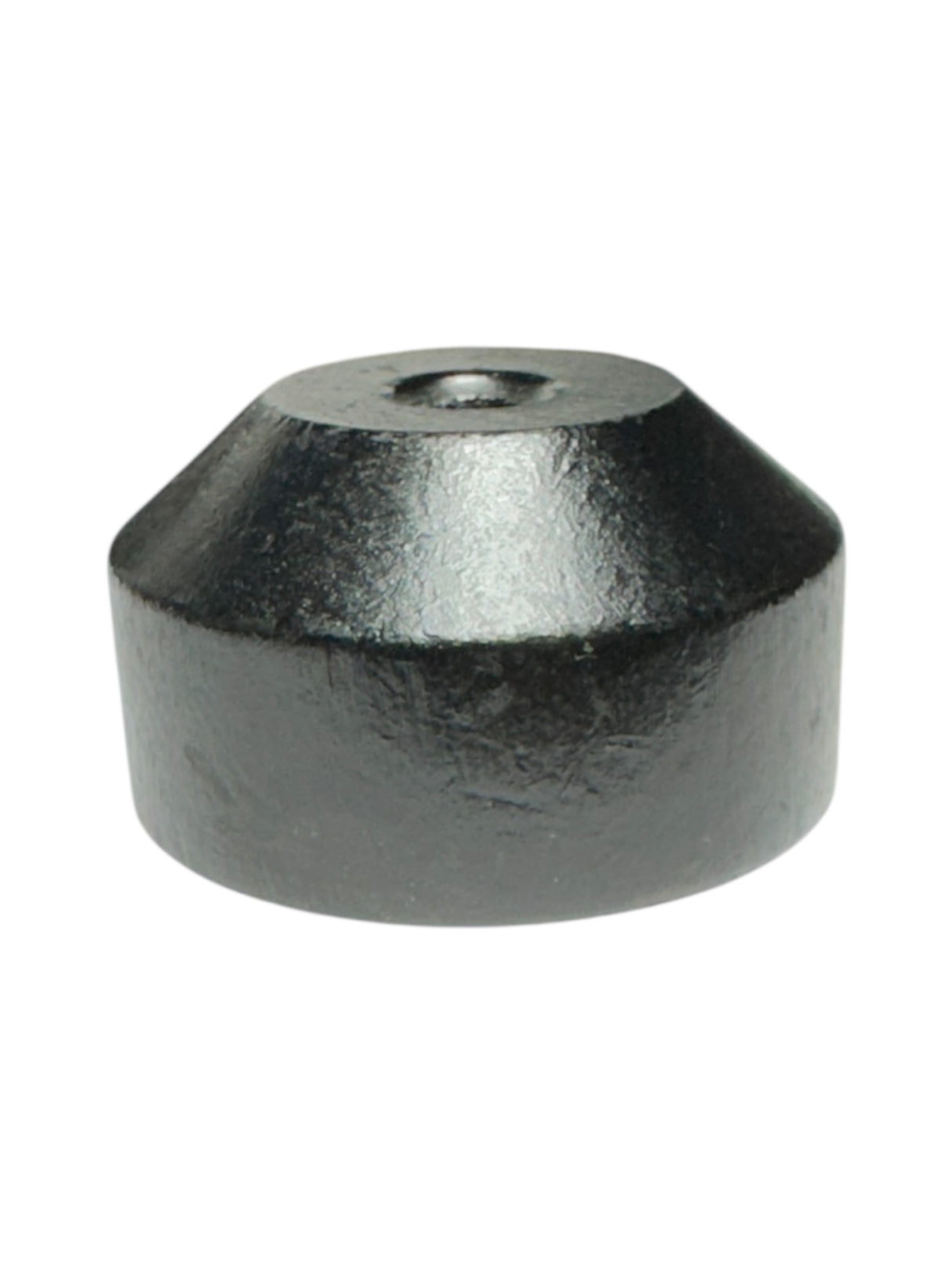 The Flag Pole: Wood Base for Small Stick Flags is a black, cylindrical ebonized wood base with a sloped top and central hole, perfect for displaying stick flags. Shown isolated on a white background.