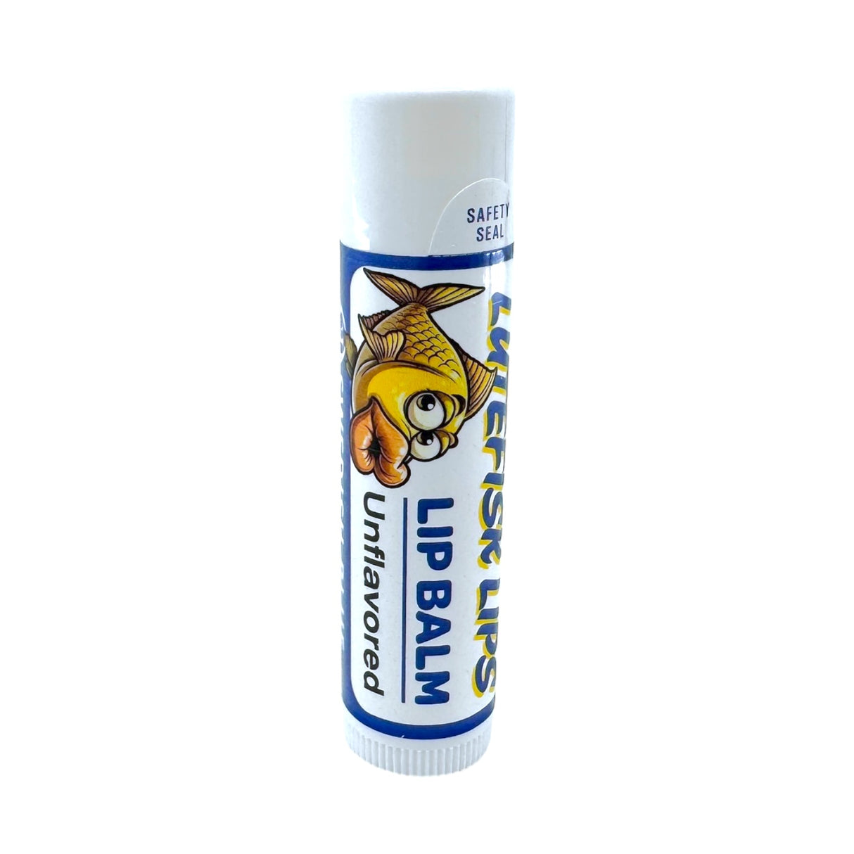 A tube of Lutefisk Lips Lip Balm (Cherry, Tropical, Mint, or Unflavored) with SPF 15, featuring a fish illustration and safety seal for sun protection and relief from chapped lips.
