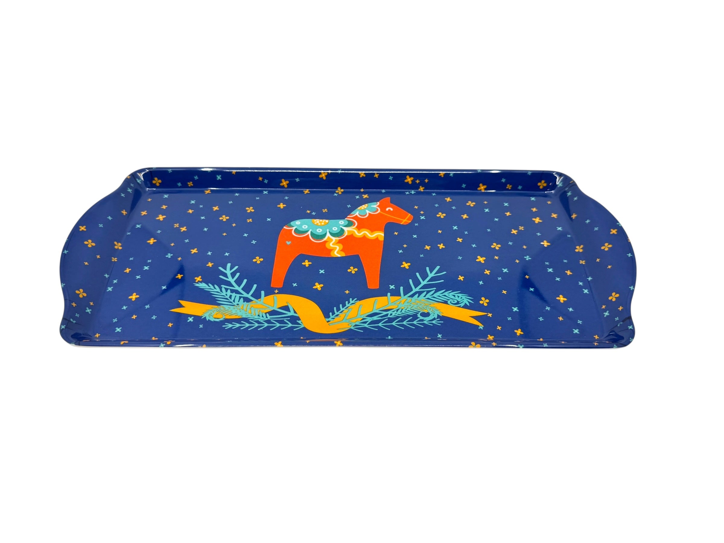 The Tray: Swedish Novelty Melamine Tray – Dala Horse Motif features a rectangular blue design with small yellow stars, an orange Dala Horse, and green foliage above a yellow ribbon in the center for Scandinavian charm.