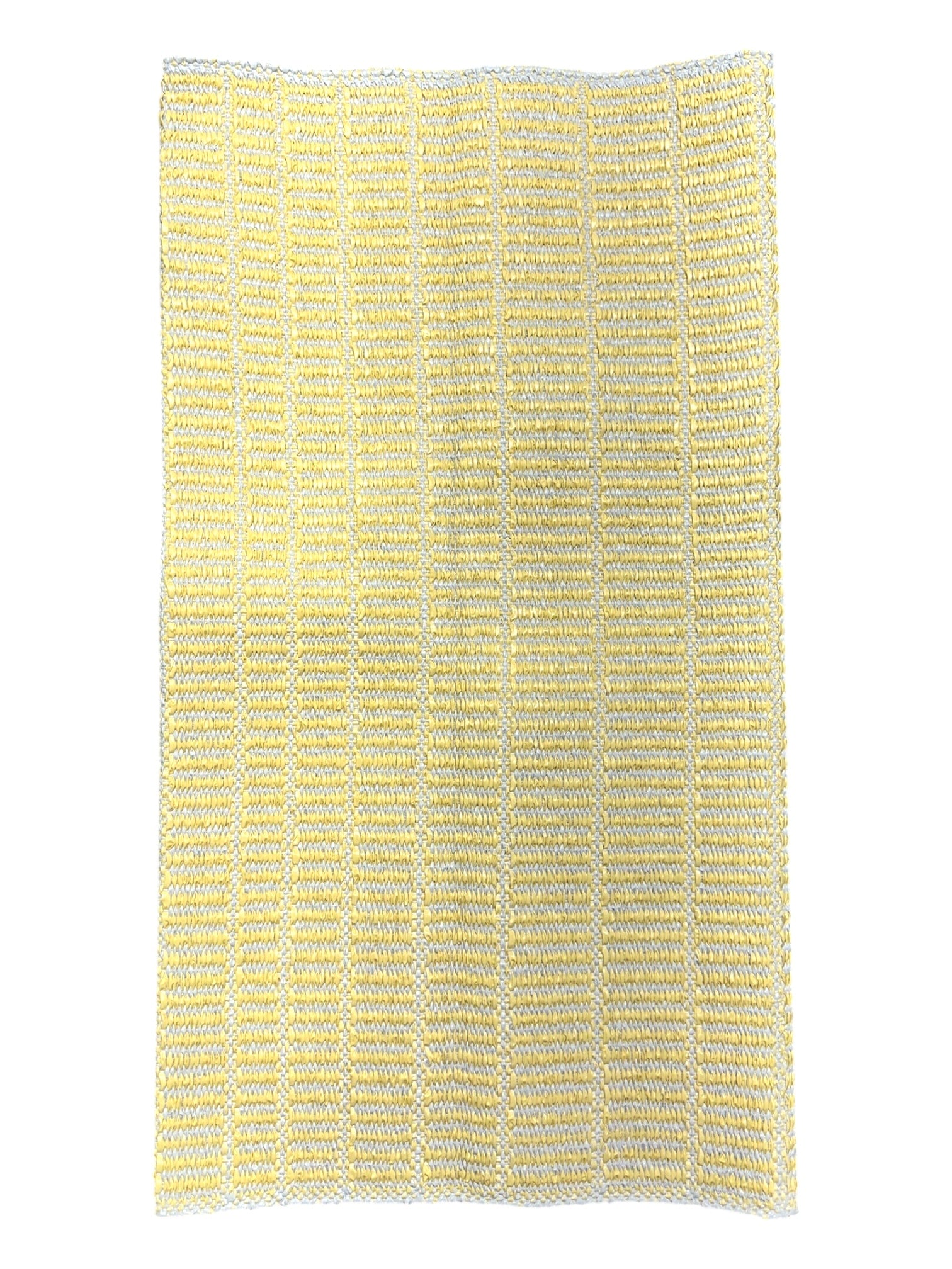 A rectangular yellow Vinyl Rug: Horredsmattan - Mai (28 x 60) with a ribbed, textured pattern reminiscent of Swedish woven vinyl is shown on a white background.
