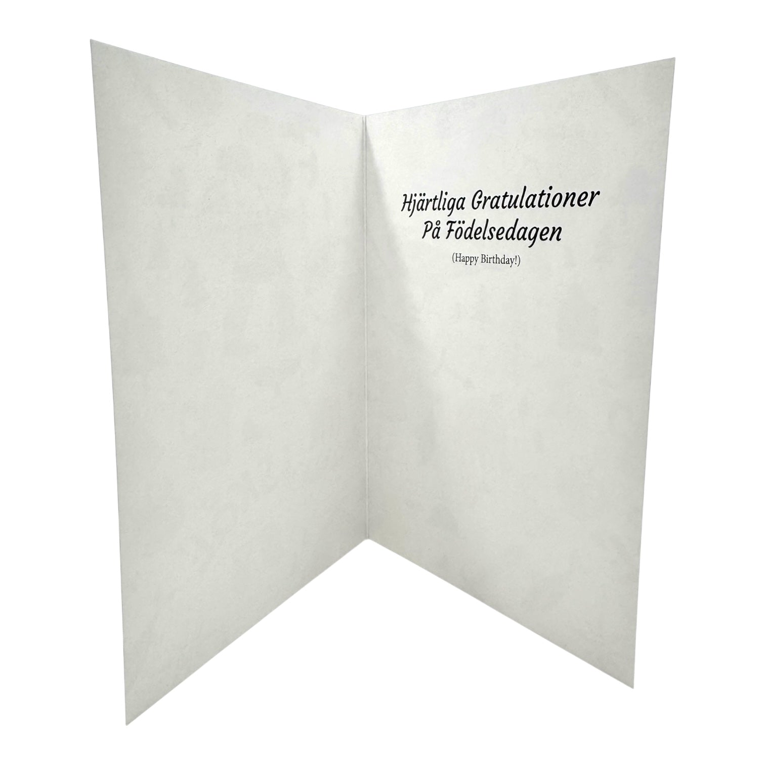 Open Birthday Card titled Viking Symbols & Culture featuring Swedish text Hjärtliga Gratulationer På Födelsedagen with English translation Happy Birthday inside, combining Swedish charm with Viking-inspired design on a white background.