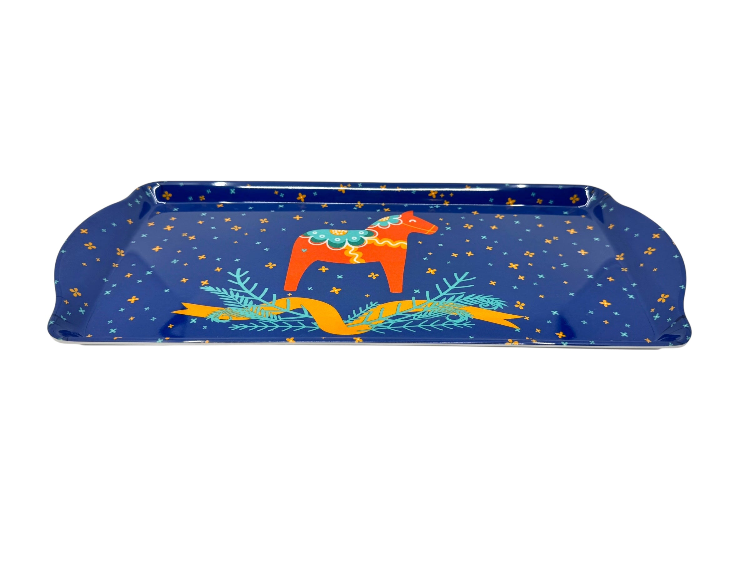 The Tray: Swedish Novelty Melamine Tray – Dala Horse Motif is a rectangular blue tray with yellow stars, showcasing an orange Dala Horse with green accents and a yellow ribbon with green leaves for Scandinavian flair.