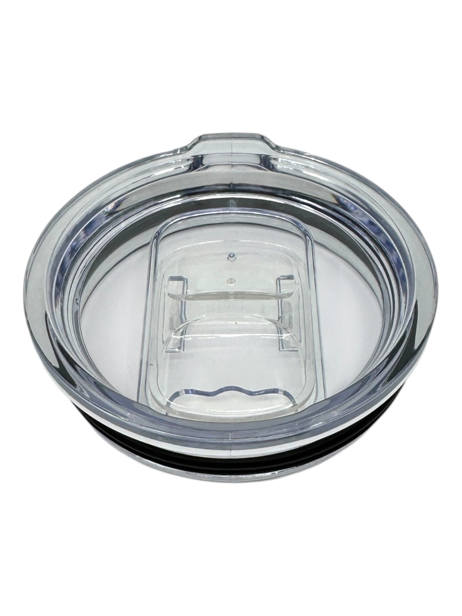 Clear plastic slide-close lid with black rubber gasket, inspired by Nordic Artistry, shown on a white background. Designed for the Swedish Dala Horses - Blue 20oz Stainless Steel Tumbler.