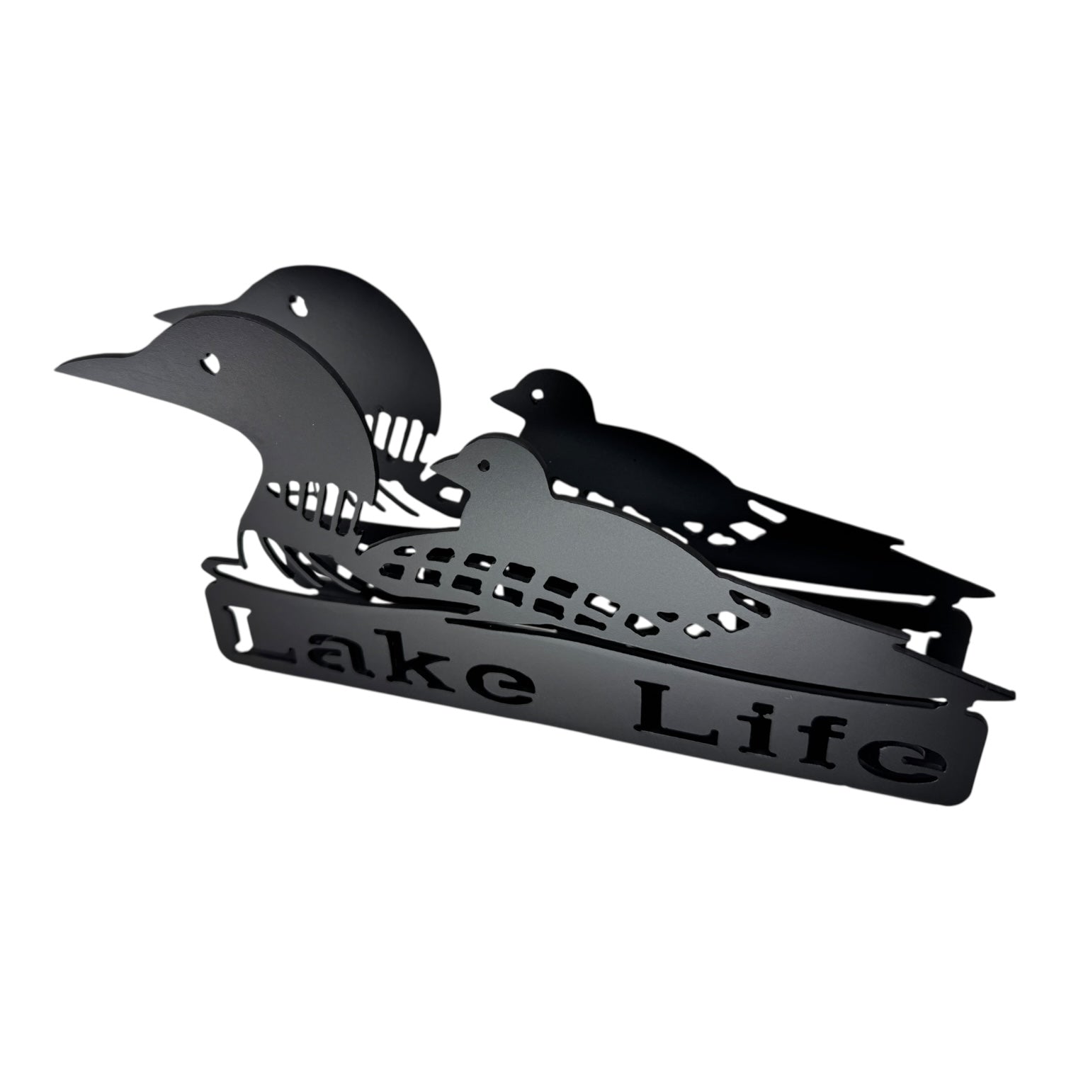 Black metal napkin holder featuring a mama and baby loon with Lake Life cut out—a perfect, charming addition to your cabin décor.