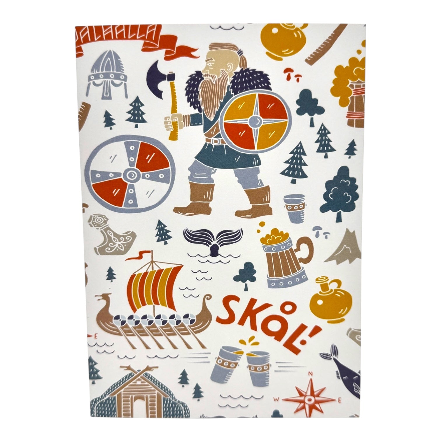 Send birthday wishes with the “Card: Viking Symbols & Culture, Birthday Card”—featuring a Viking holding shield and axe, surrounded by themed objects and a Dala Horse for Swedish charm, plus the word SKOL! in folk art style.