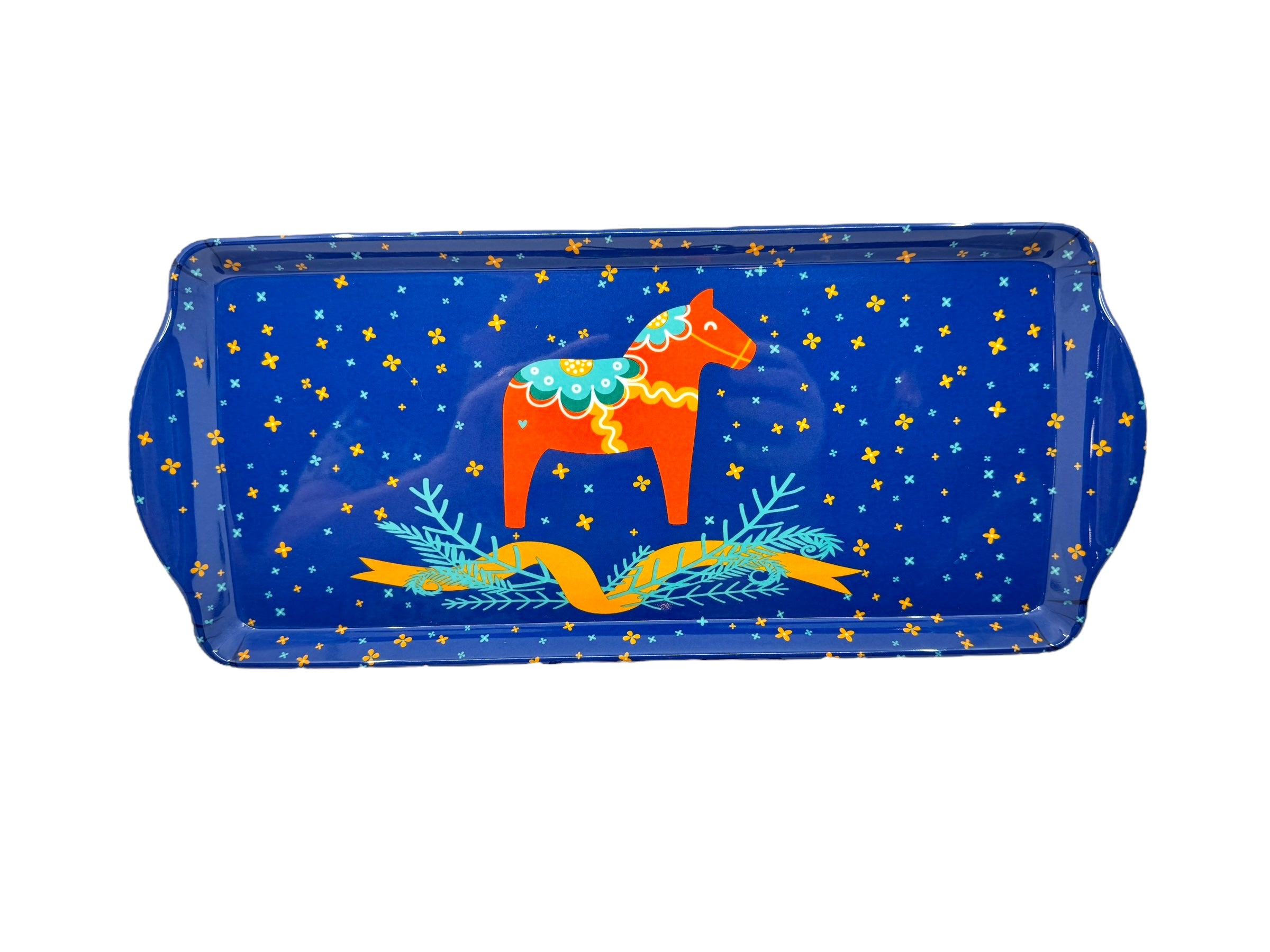 The Tray: Swedish Novelty Melamine Tray – Dala Horse Motif features a blue rectangular design with handles, yellow stars, and a green-and-yellow adorned Dala Horse above green branches and a yellow banner for Scandinavian flair.