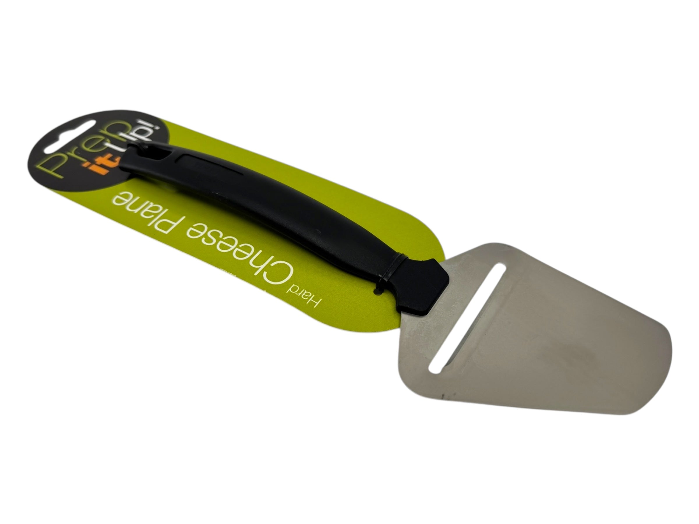 A metal Swedish Cheese Slicer for hard cheese with a black handle and stainless steel blade, packaged in green and white labeled Cheese Slicer: Swedish Cheese Plane for Hard Cheese.