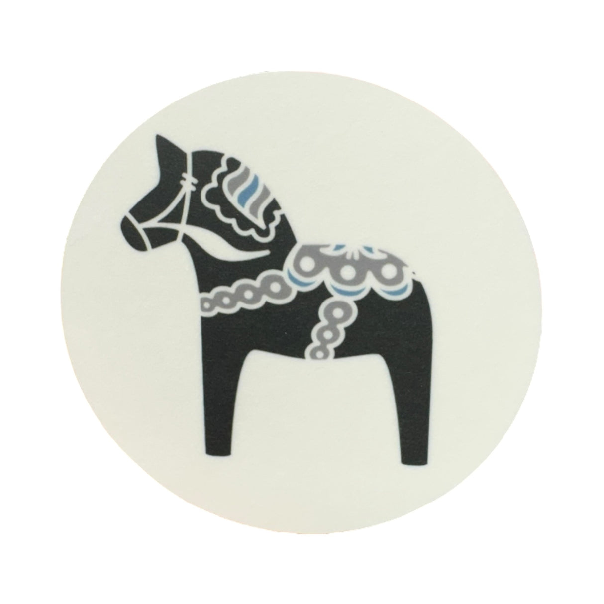 A round 3.5 Dala Horse Coaster, available in black, blue, red, or grey, features a stylized horse with white and light blue decorative patterns inspired by Swedish tradition.