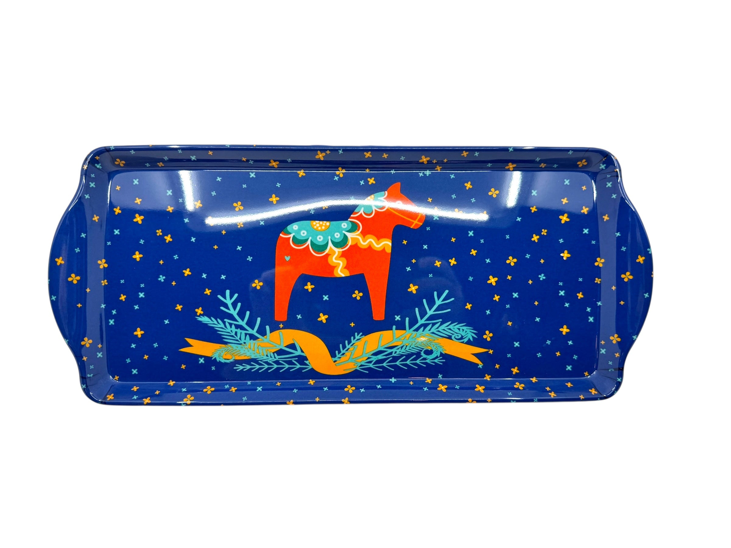 The Swedish Novelty Melamine Tray features a blue background with small yellow stars, a charming orange Dala Horse, and green branches with an orange ribbon—bringing Scandinavian charm to any setting.
