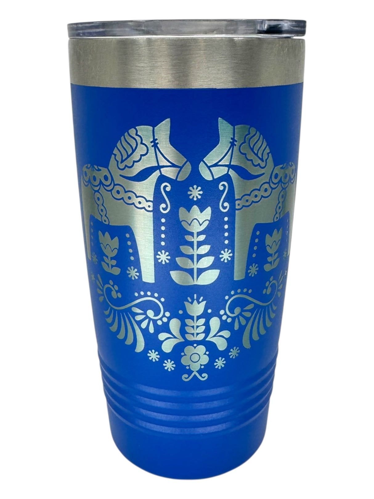 The Tumbler: Swedish Dala Horses - Blue 20oz Stainless Steel Tumbler features Nordic-inspired floral art, a silver Dala Horse, a stainless steel rim, and a slide-close clear plastic lid.
