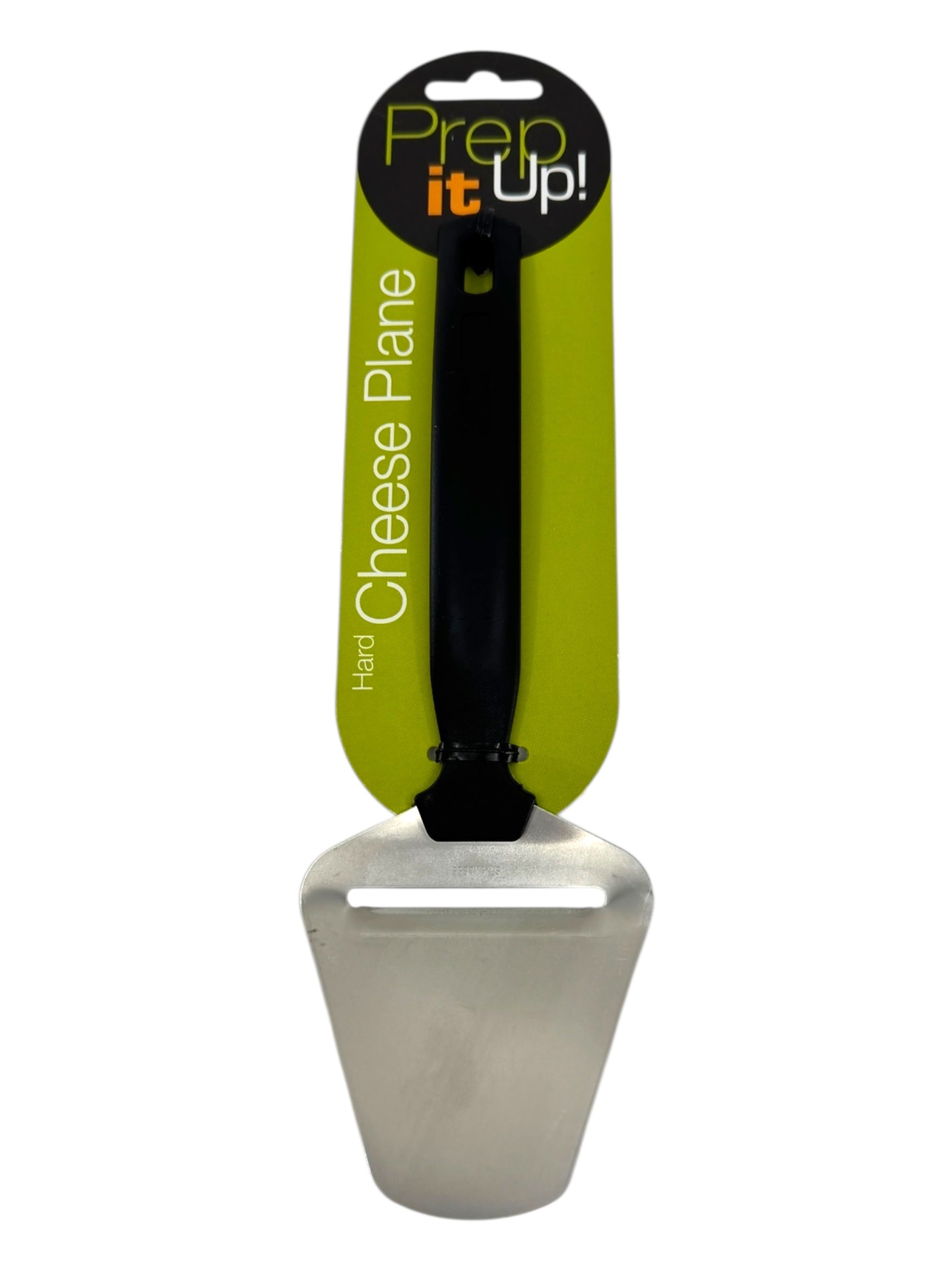 The Cheese Slicer: Swedish Cheese Plane for Hard Cheese features a metal body, black handle, and stainless steel blade on green Prep it Up! packaging labeled Hard Cheese Plane.