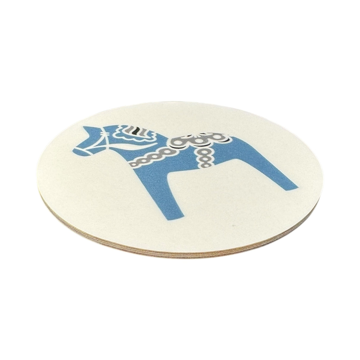Round 3.5 Dala Horse Coaster featuring a blue stylized horse, expertly crafted and made in Sweden; also available in Black, Blue, Red, or Grey.