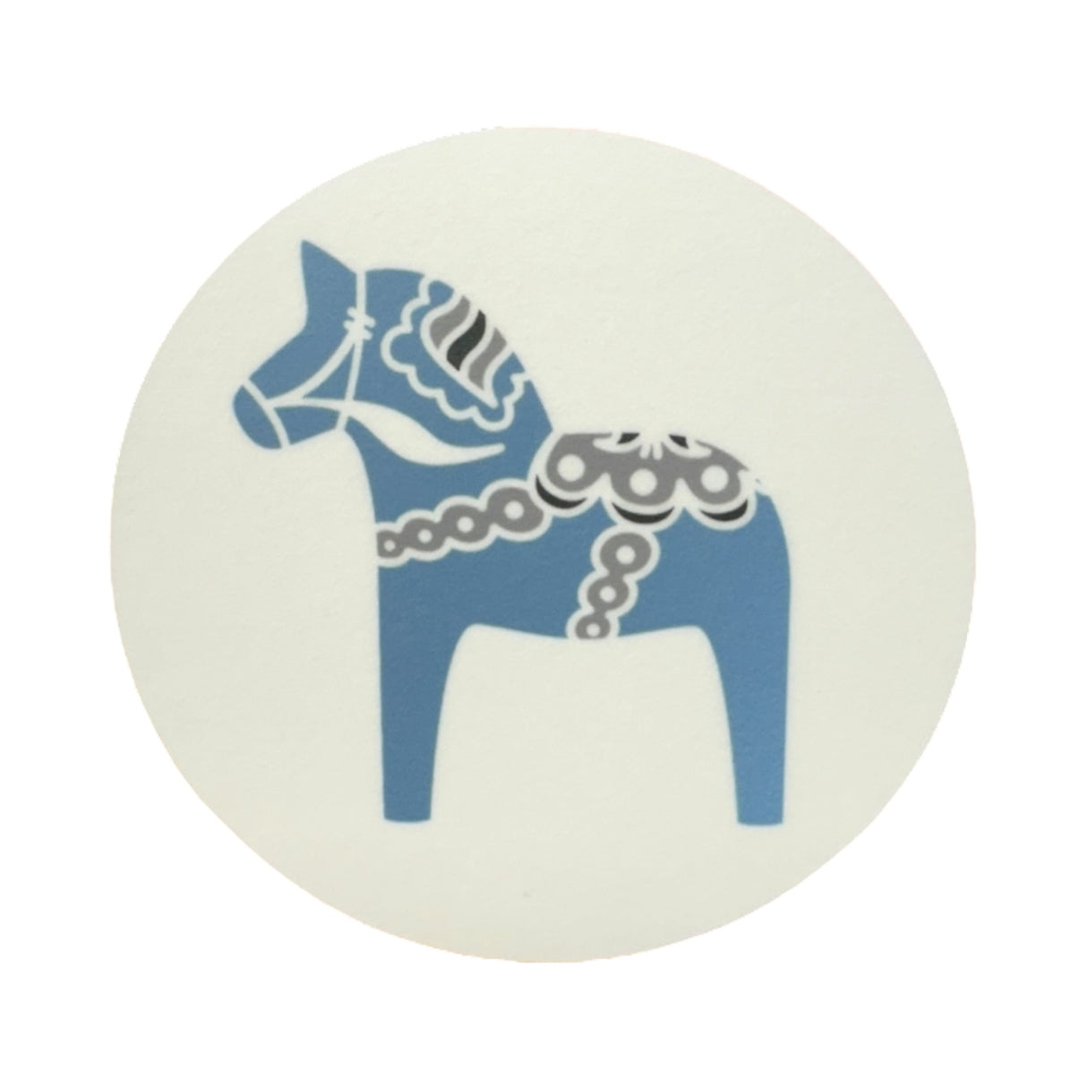 A blue stylized Dala Horse with white and gray patterns is centered on a plain white 3.5 round coaster, creating the charming Coaster: Round 3.5 Dala Horse Coaster, available in Black, Blue, Red, or Grey.