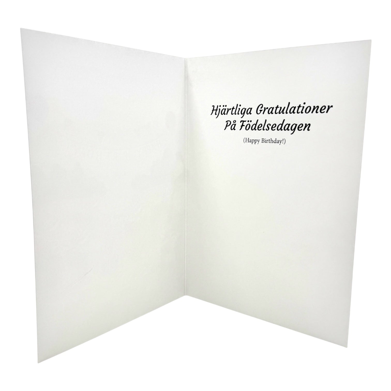 Inside the Card: Dala Horse Party, Birthday Card is the printed Swedish message “Hjärtliga Gratulationer På Födelsedagen” (Happy Birthday!), offering authentic Swedish charm and a Dala Horse detail.