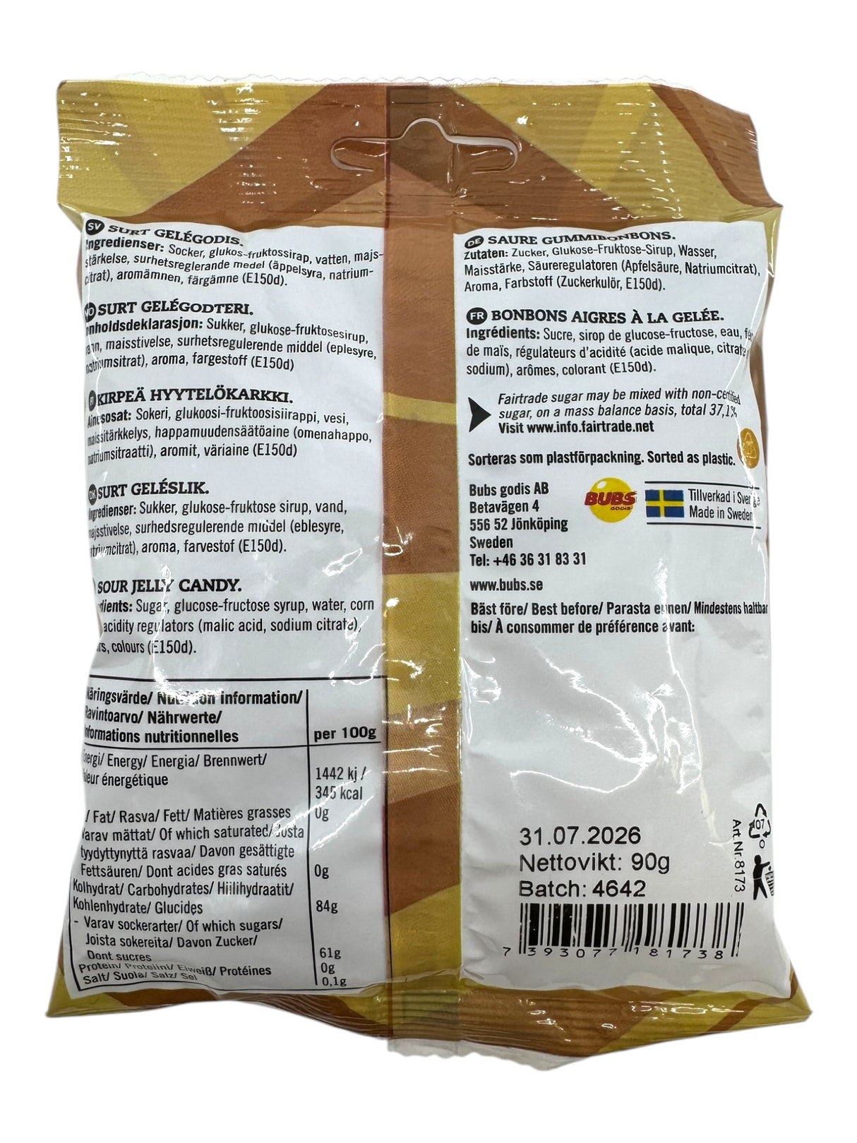 Back of Candy: Bubs Skalle - Sour Cola Skulls (90g) bag with ingredients, nutrition facts, barcode, expiry date, batch number, and manufacturer info in several languages. Clearly labeled gelatin-free.