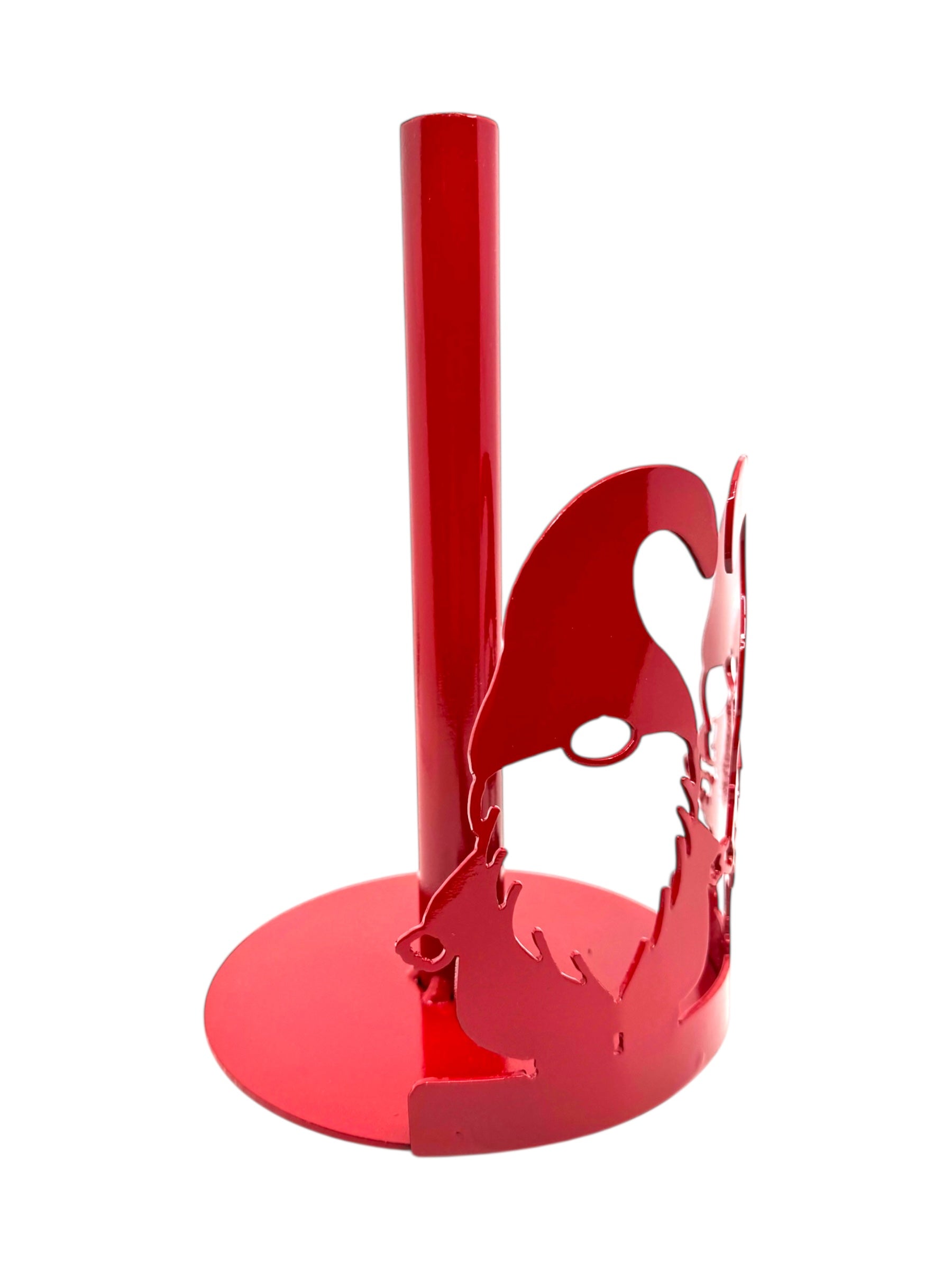 Red Gnome (tomte) Paper Towel Holder features two gnomes with hats and beards on the base, inspired by Nordic folklore.