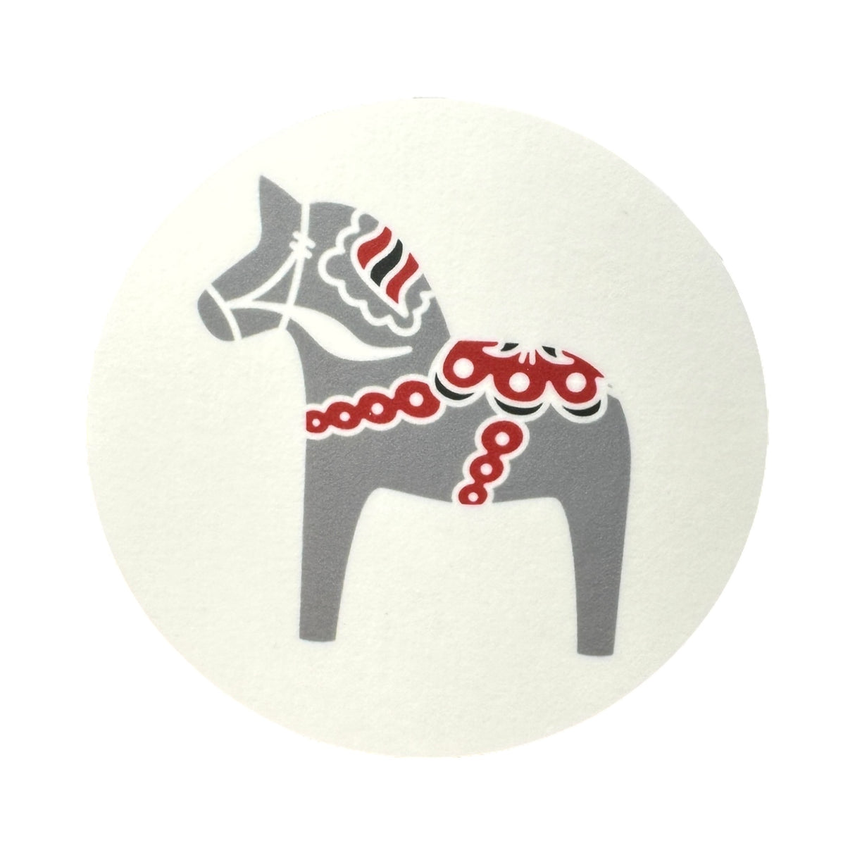 A gray Dala Horse with red and white patterns is centered on a white 3.5 round coaster, available in black, blue, red, or grey, inspired by traditional Swedish design and made in Sweden.