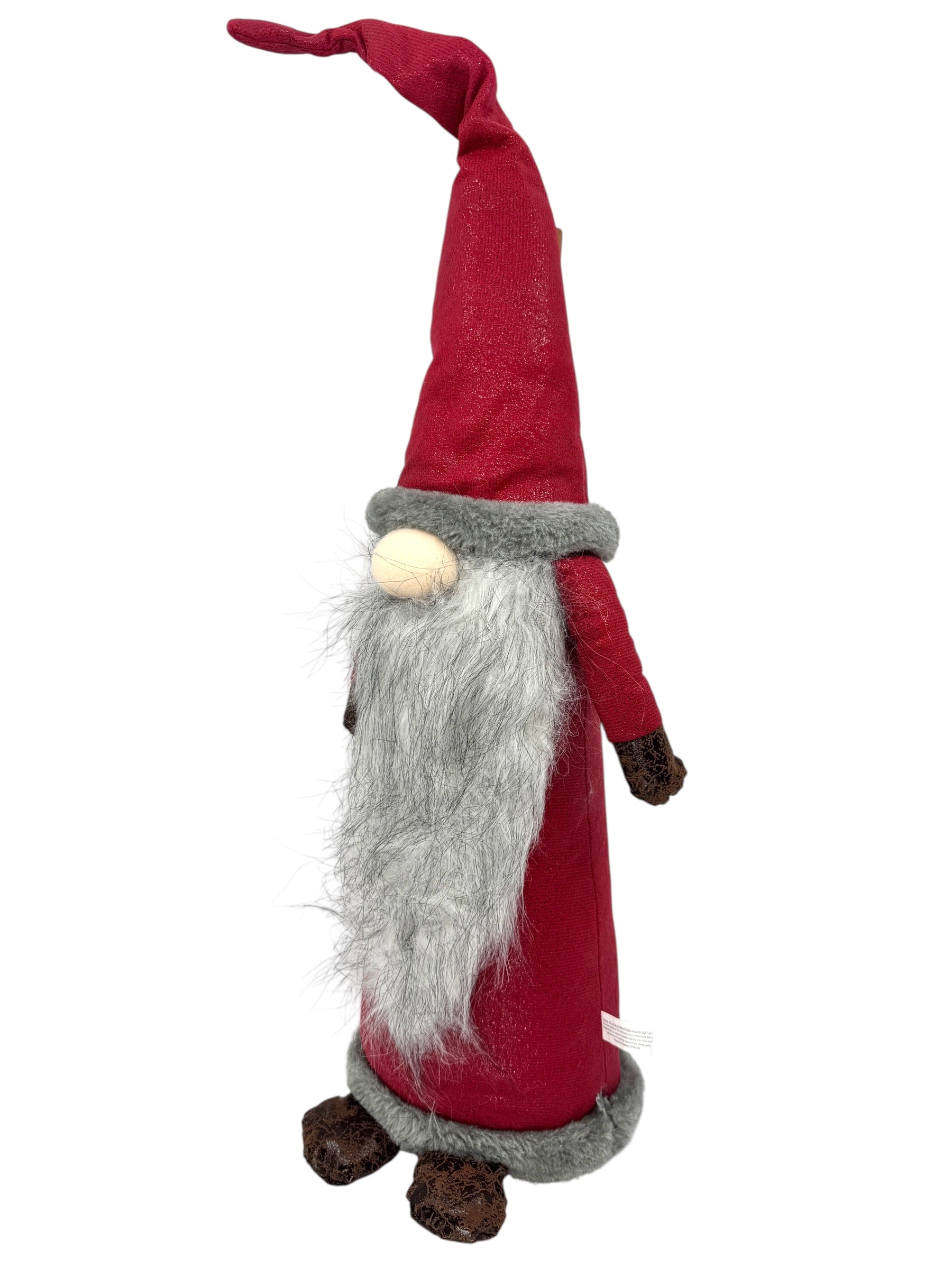 Meet Nencil the Gnome—a 20 poseable Scandinavian gnome with a tall red hat, gray beard, red coat with gray trim, and brown boots. Perfect as Nordic Christmas decor or a charming holiday table piece!.