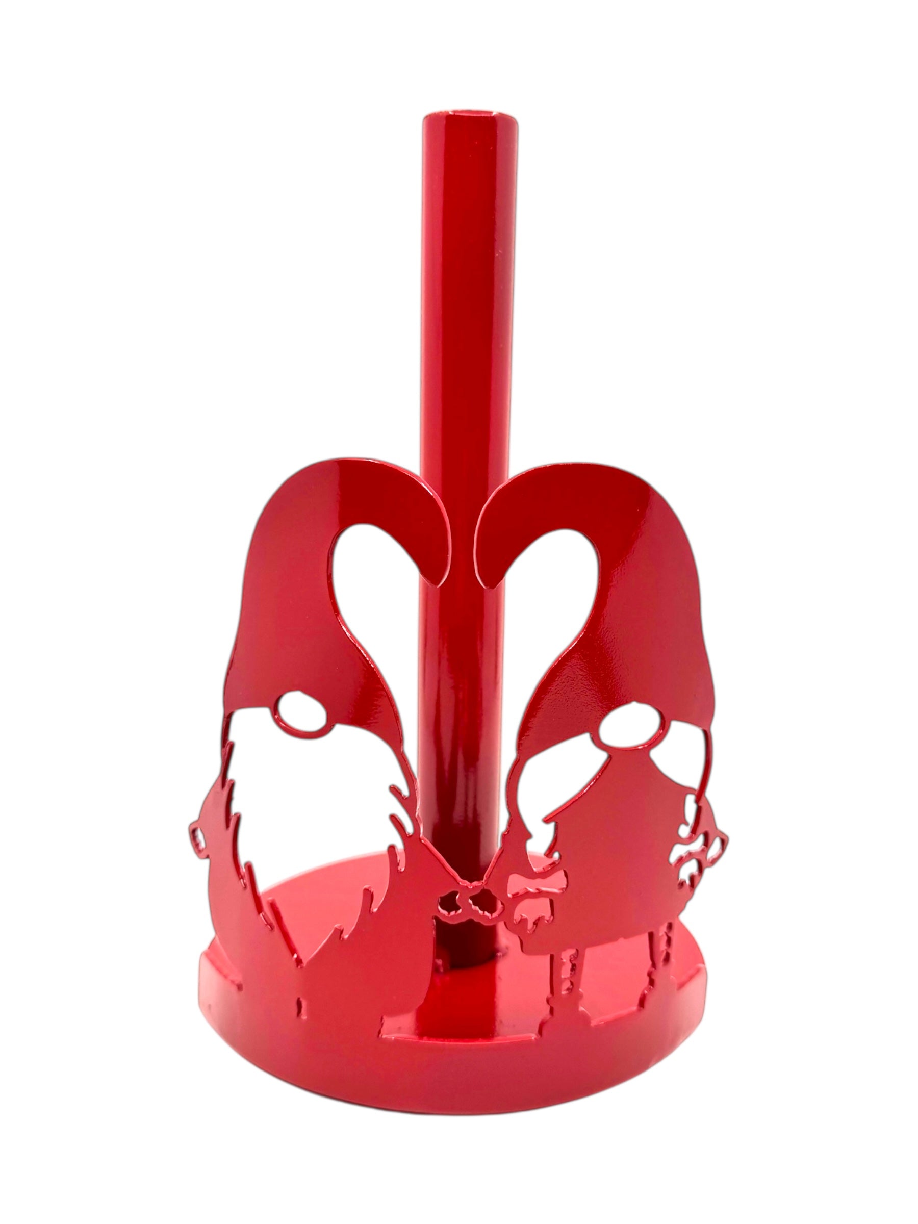 The Holder: Red Gnome (tomte) Paper Towel Holder 2 Gnomes features a red metal design with two gnome-shaped cutouts on the base, inspired by Nordic folklore, and a central upright rod for easy paper towel dispensing.