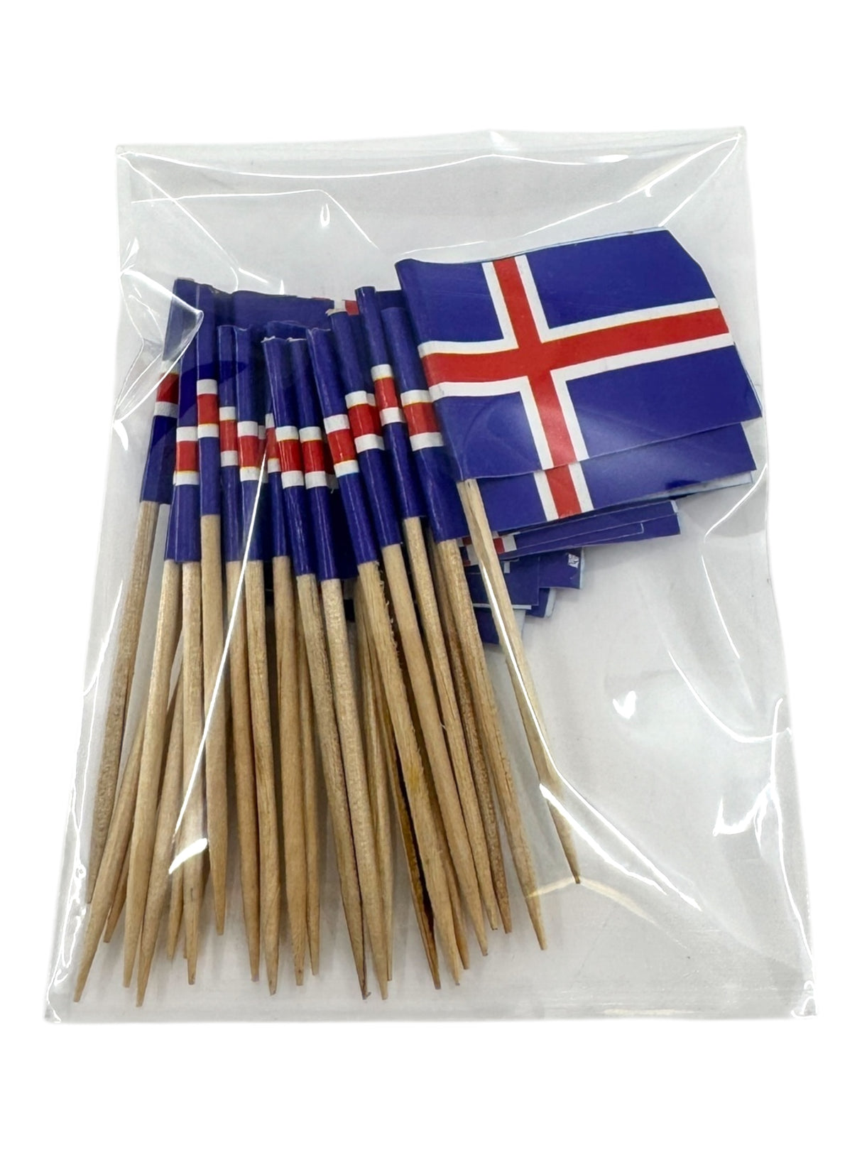A clear plastic bag with 25 wooden toothpicks, each topped with Scandinavian flags (Norway, Sweden, Denmark, Finland, or Iceland)—ideal for Nordic-themed parties or national celebrations.